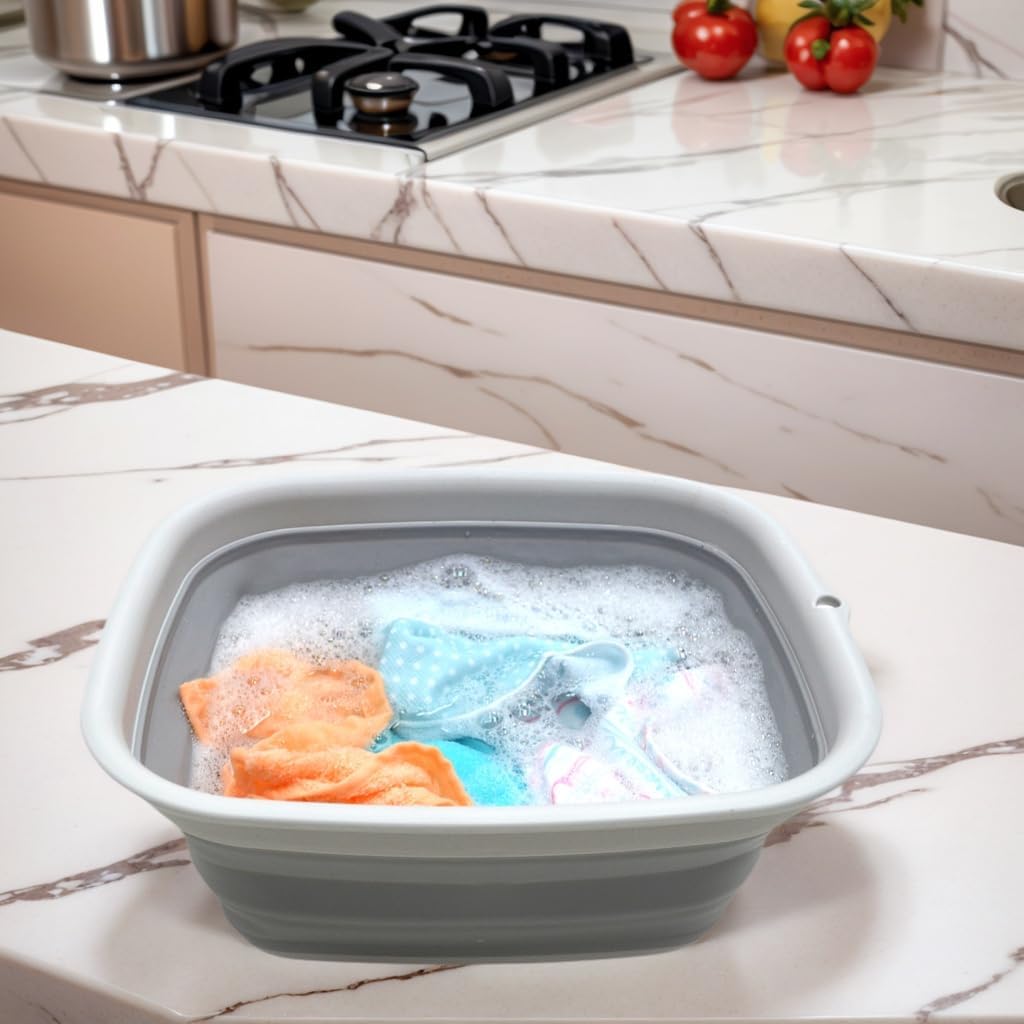 SAMMART 9.45L (2.5 Gallon) Collapsible Tub - Foldable Dish Tub - Portable Washing Basin - Space Saving Plastic Washtub (Grey, M)