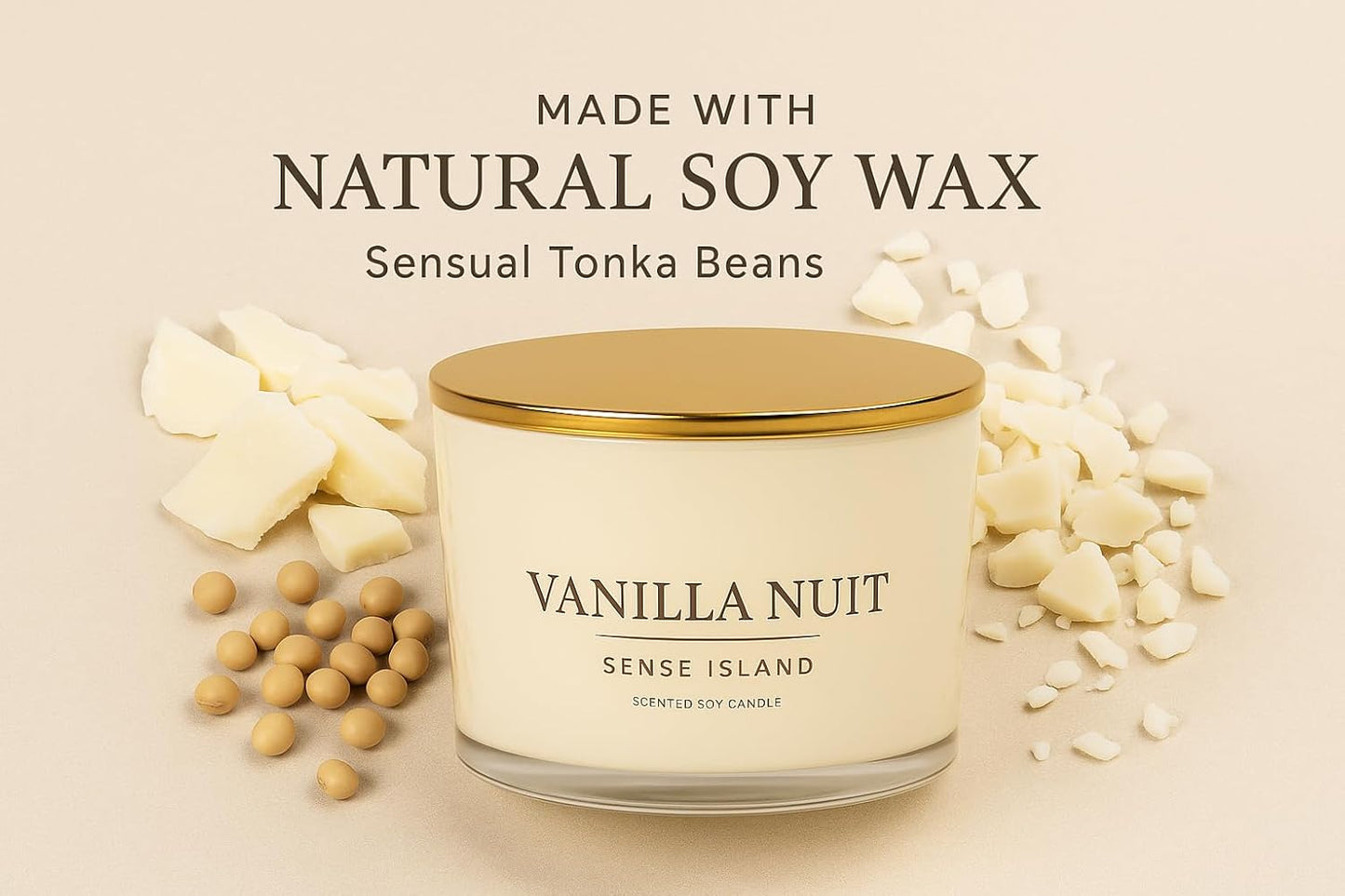 Vanilla Nuit 3 Wick Soy Candle – Large Creamy Vanilla Scented Candle for Home with Gold Lid & Beige Glass Vessal, Natural Soy Wax, Long Lasting Burn – Sensual Gourmand Fragrance, Luxury Gift for Women