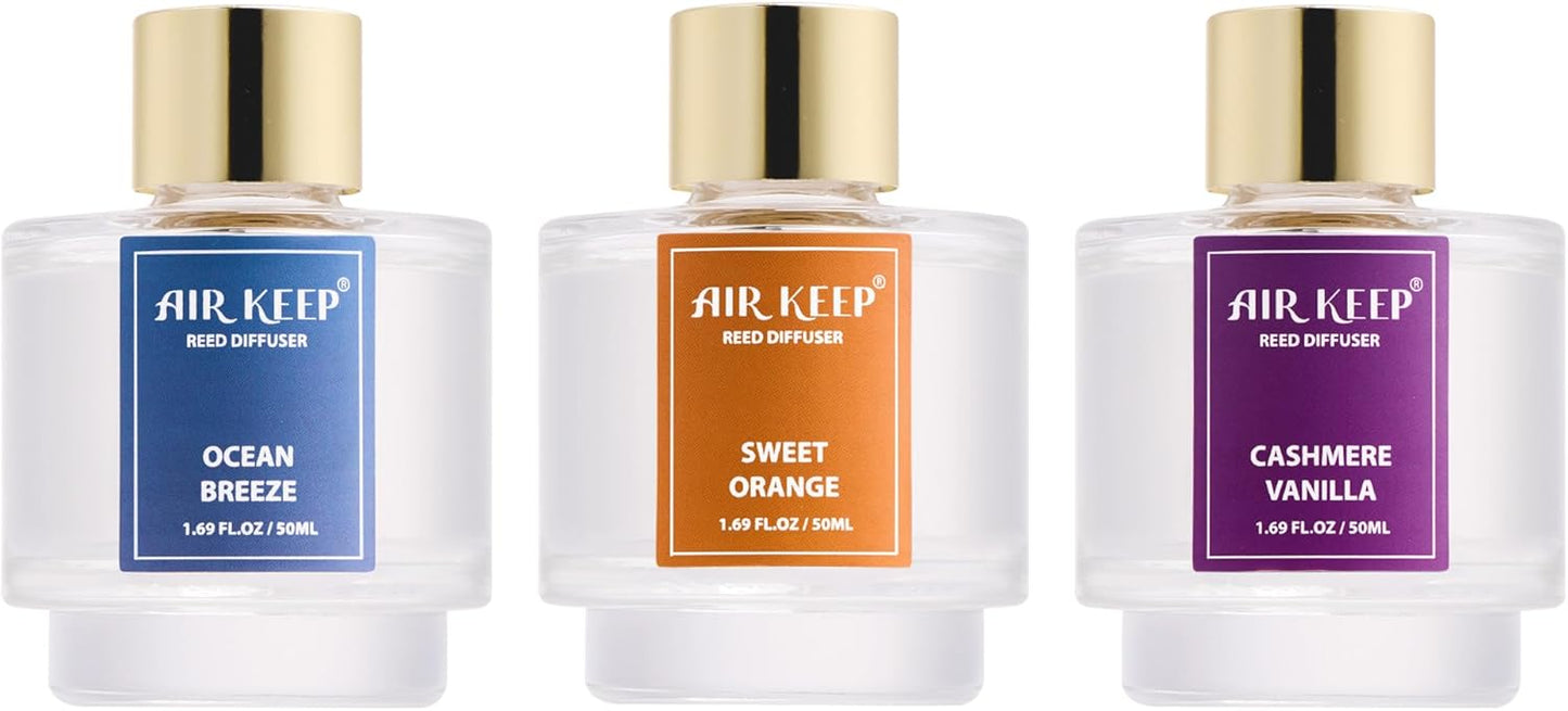 Airkeep Reed Diffuser Set of 3, Ocean Breeze Sweet Orange Cashmere Vanilla Oil Reed Diffusers for Bedroom Living Room Office Aromatherapy Oil Reed Diffuser for Gift 50ml x 3