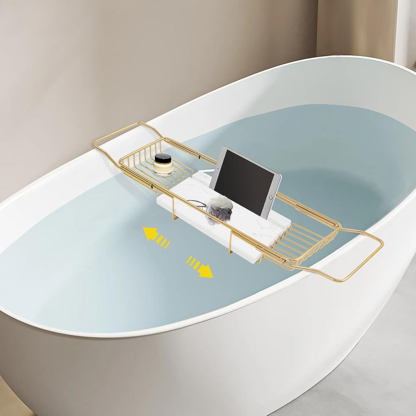 Expandable Bathtub Tray, Stainless Steel Bath Table Tray with Marble Board, Adjustable Bath Caddy Tray for Hold Cell Phones, Tablets, Toiletries, Brushes, Soap