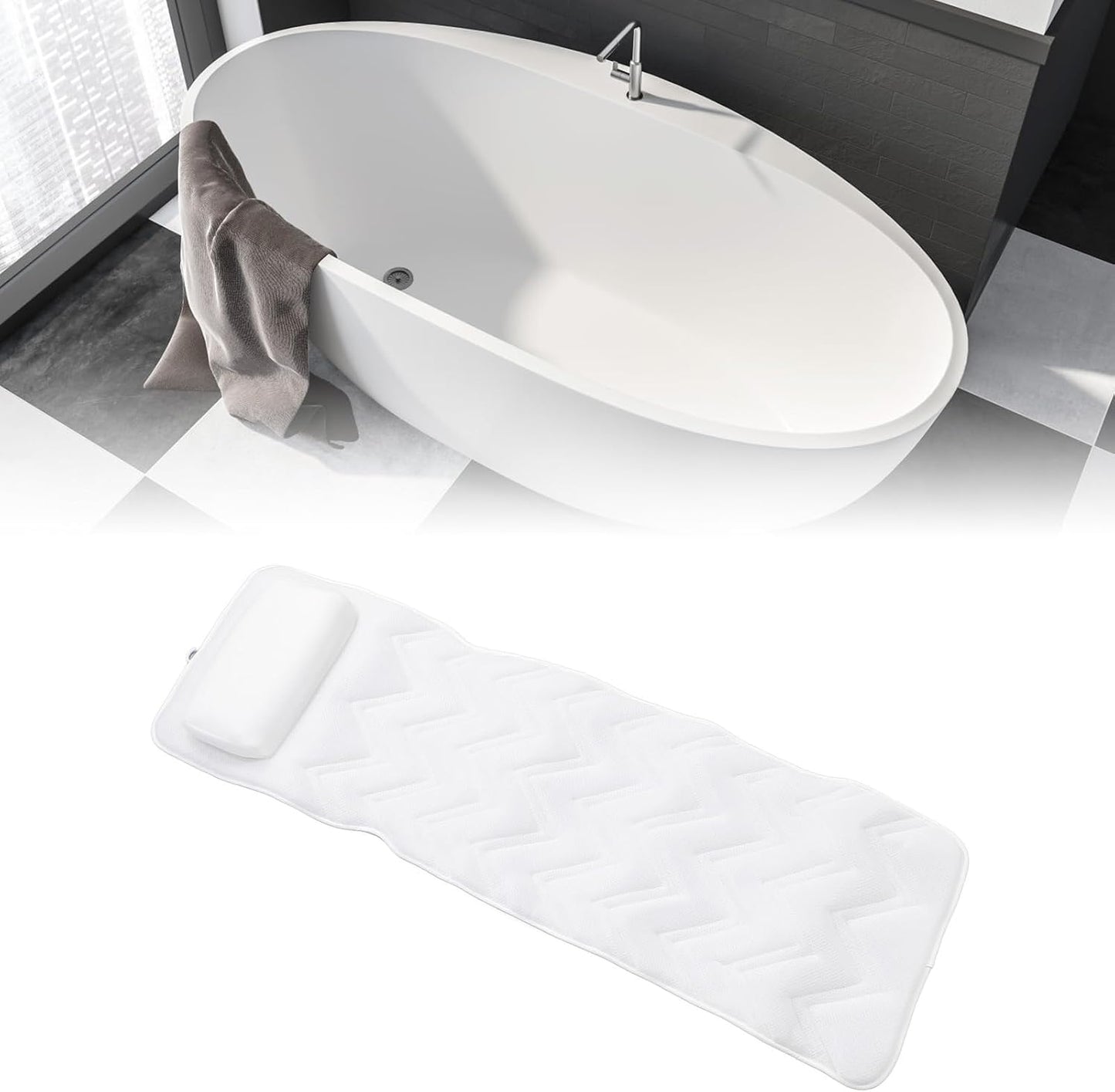 Ejoyous Full Body Bath Pillow, Spa Bathtub Pillow with Anti Slip Suction Cups, Luxury Bath Cushion Mat for Tub, White, Polyester, Neck/Back Support, Comfortable Spa Experience