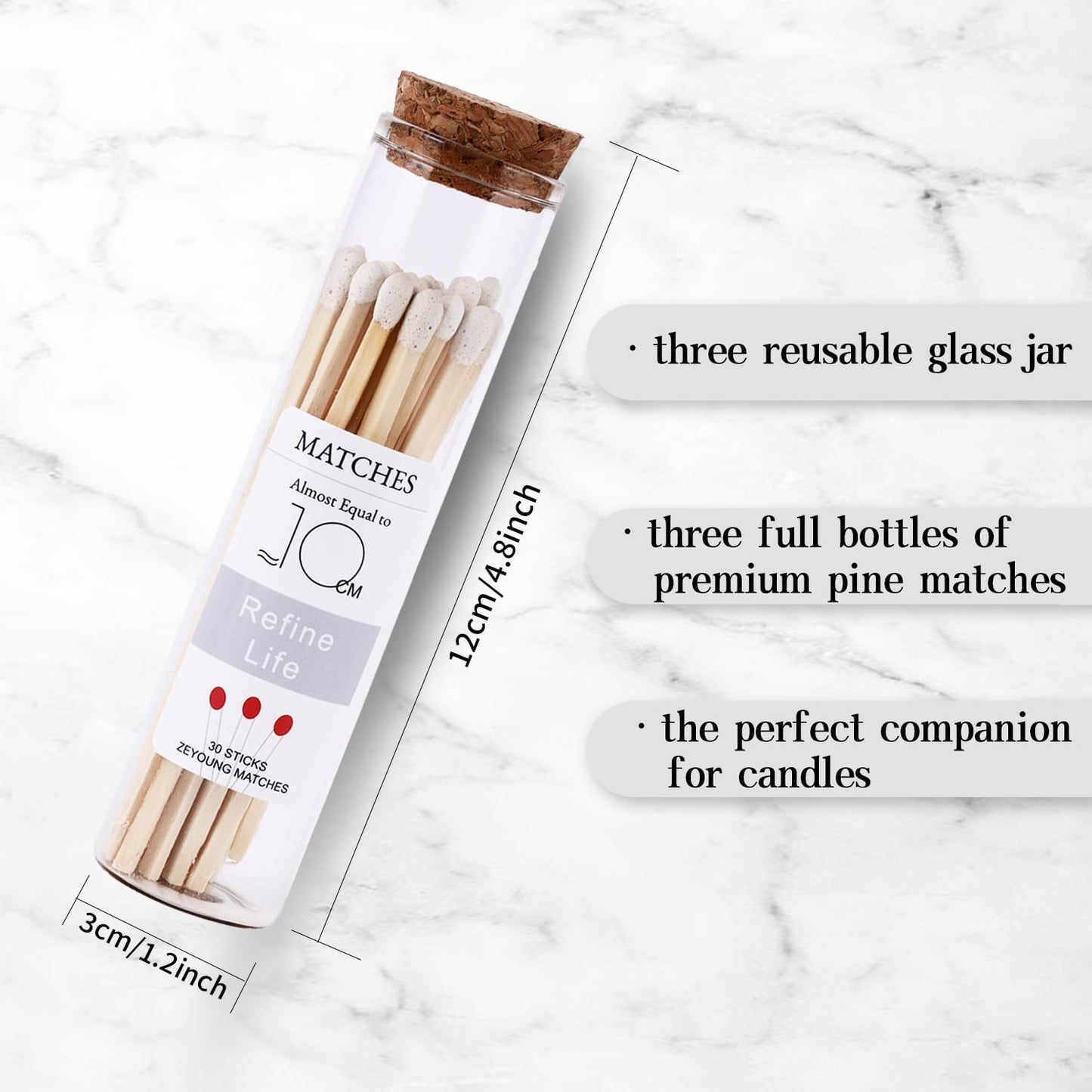 4" White Matches Included with Match Holder, 3 Glass Matches Bottles with Candle Matches in a Jar, Long Fireplace Matches for Grill Fireplace BBQ, Long Wooden Matchsticks for Custimiz Events