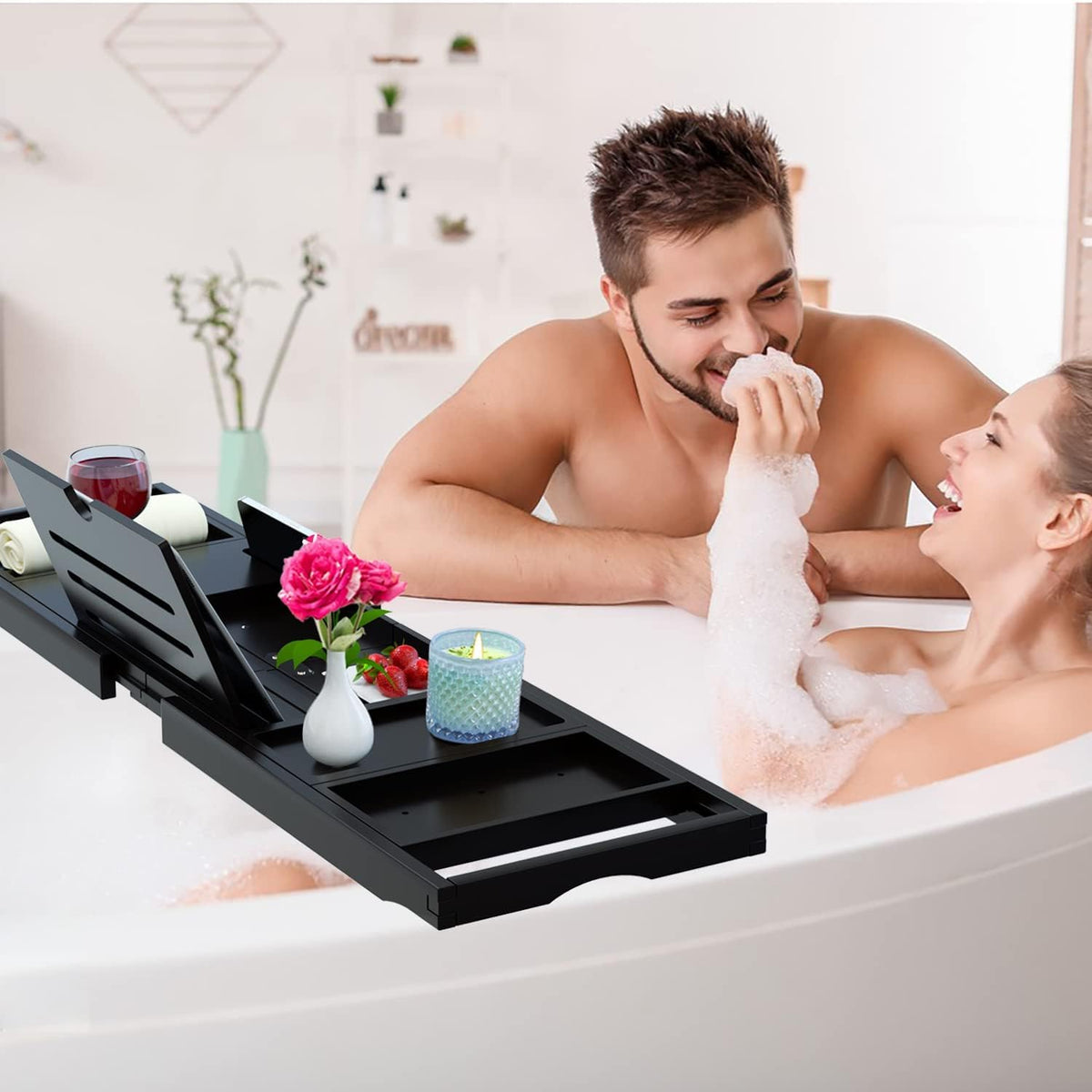 Premium Bathtub Tray Caddy - Expandable Bath Caddy Tray - Adjustable Bamboo Bath Caddy Tub Table - Unique House Warming Gifts New Home - Black
