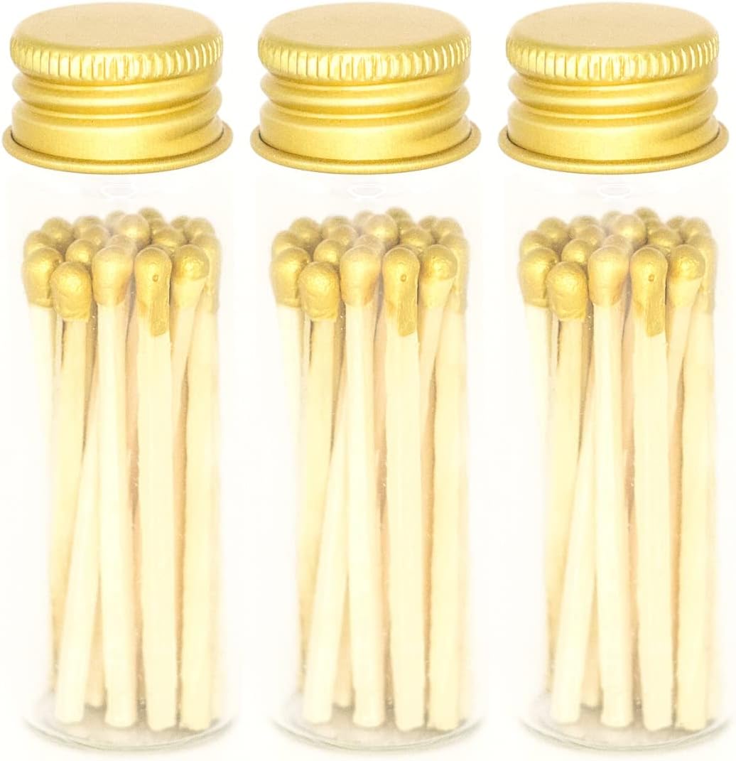 River Birch Gold Tip Decorative Matches | 60+ Small Premium Wooden Safety Matches | 3 Bottles of 20+ Matches Each with Gold Lid and Striker on Bottom | Home Decor