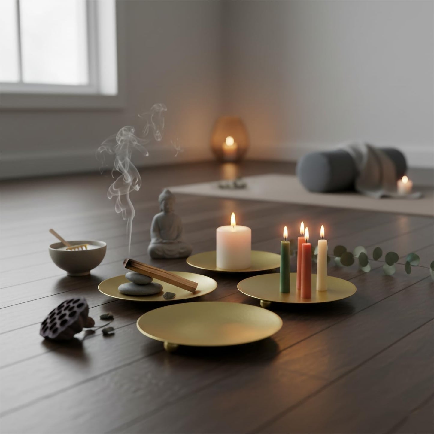 Minimalist Metal Candle Holder Plates Set of 3 – 4.7" Heat-Resistant Round Candle Base – Decorative Candle Stand for Home & Events (Gold)