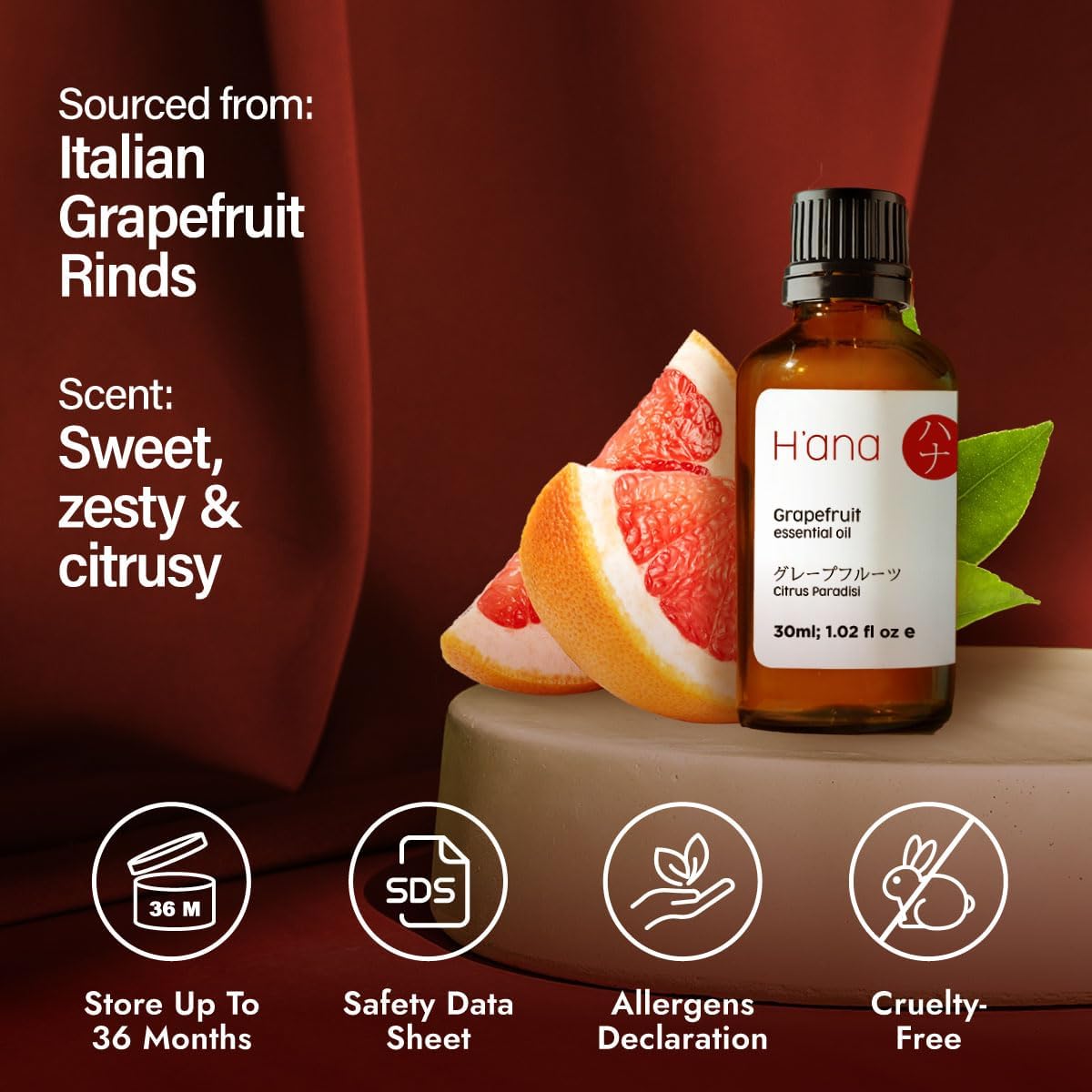 H'ana Grapefruit Oil - 1.02 Fl Oz Grapefruit Essential Oil for Hair, Skin, Diffuser, Aromatherapy & DIY