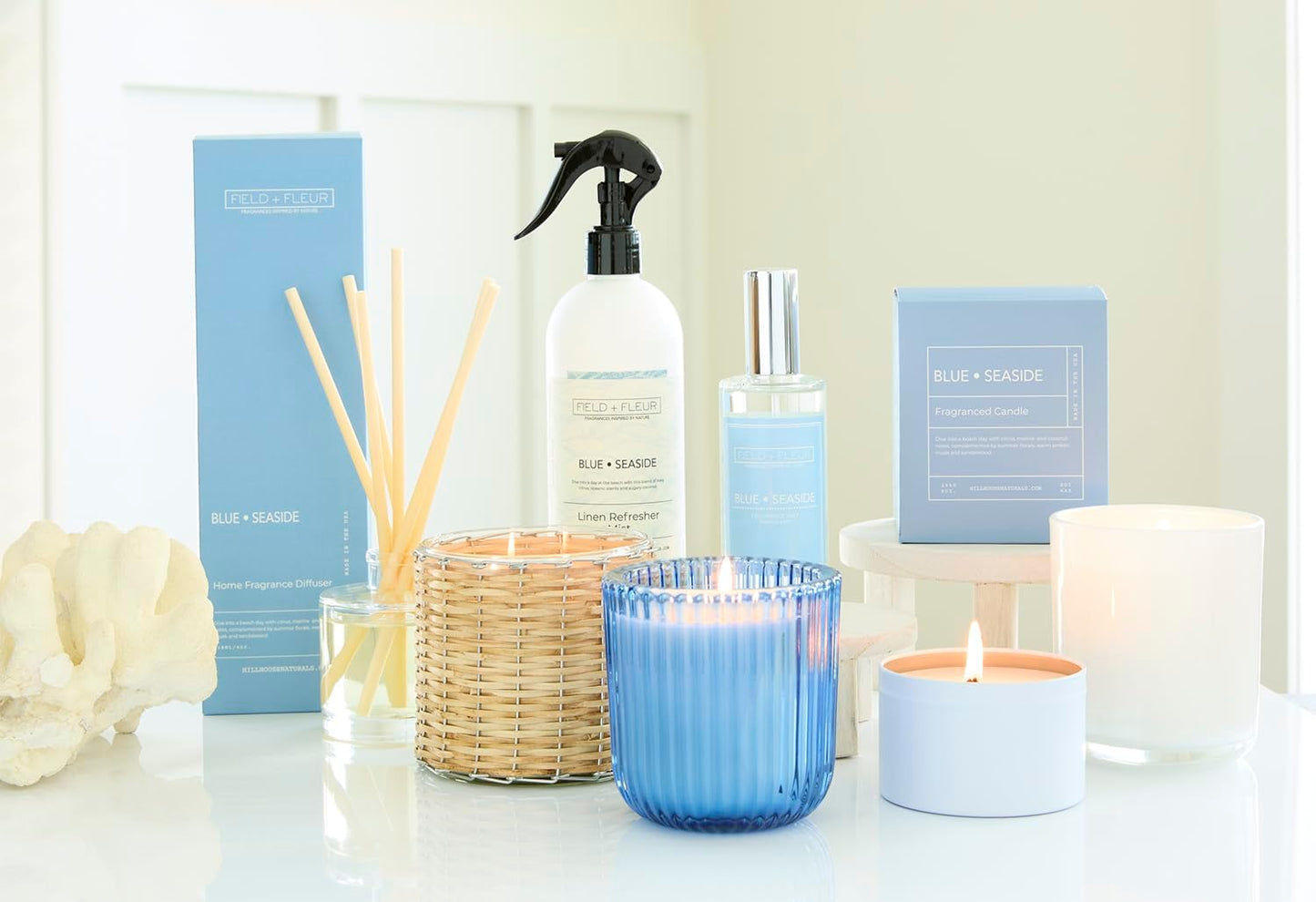 Field + Fleur - Linen Refresher Mist - Aromatic Spray for Fabrics - Refresh Bedding, Curtains & More - Notes of Citrus, Oceanic Breeze & Sugary Coconut -Made in the USA -Blue Seaside Scent -15.5 Fl Oz