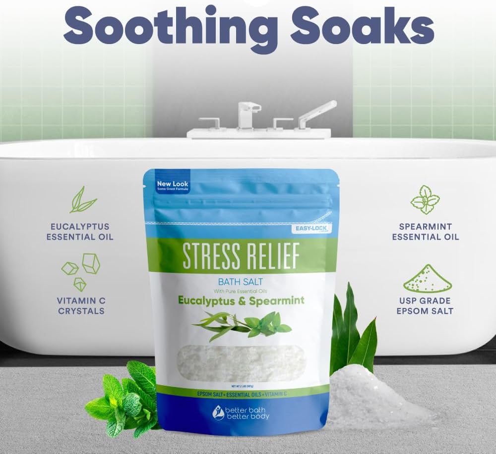 Stress Relief Bath Salt 32 oz Epsom Salt Soak Spearmint Eucalyptus Oils