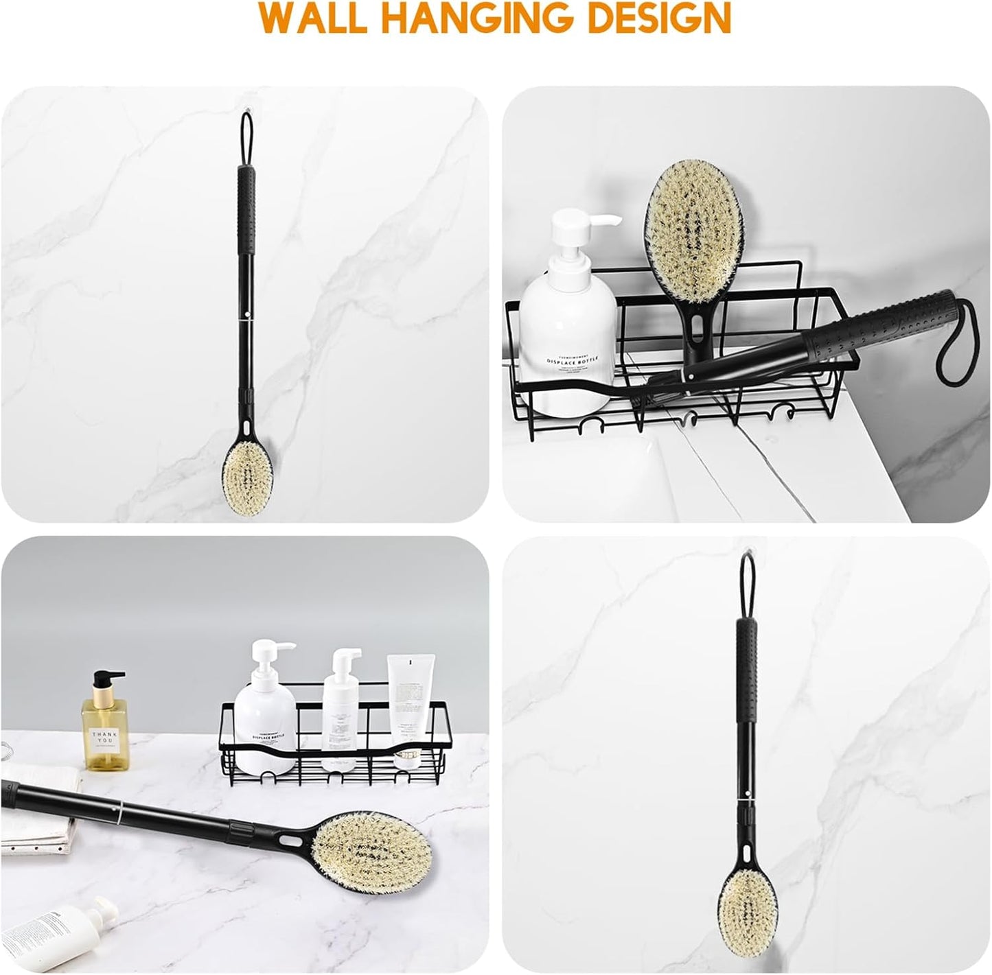 Back Scrubber for Shower with Long Handle, Dual-Sided Bath Brush for Wet & Dry Brushing, Soft & Stiff Bristles Body Exfoliator, Adjustable Detachable Shower Brush for Back, Legs & Feet