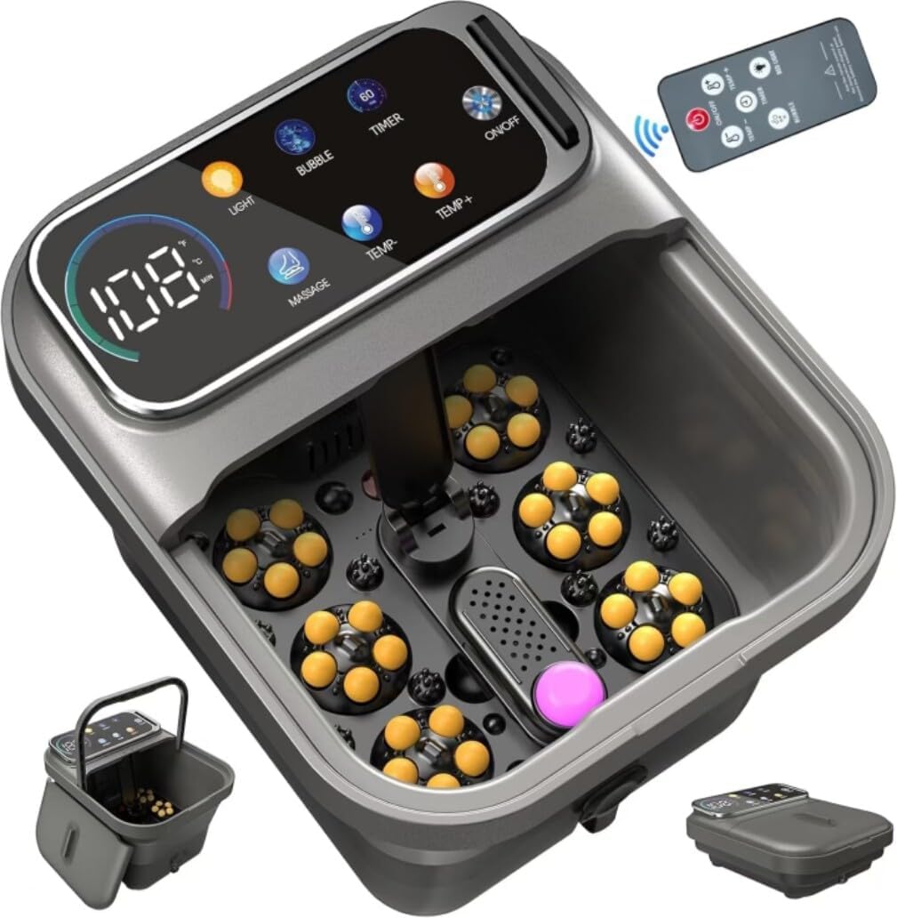 Collapsible Foot Spa with Heat, Electric Foot Bath Massager with Color Touchscreen, 30 Motorized Shiatsu Massage Balls, Temp Control, Bubbles, Remote, Professional Feet Soak Tub for Home