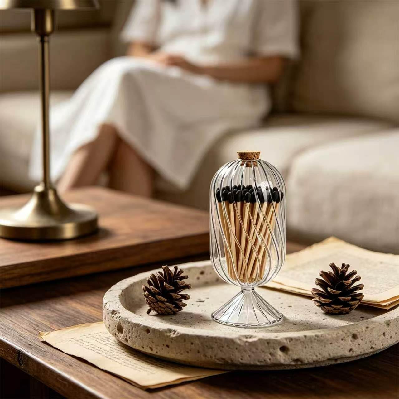 Large Glass Match Holder with Striker, Helix Shaped Clear Match Cloches Glass Long Match Jar Decorative Dome Match Stick Container for 4" Matches Flowers Bathroom Display Decor, Not Include Match