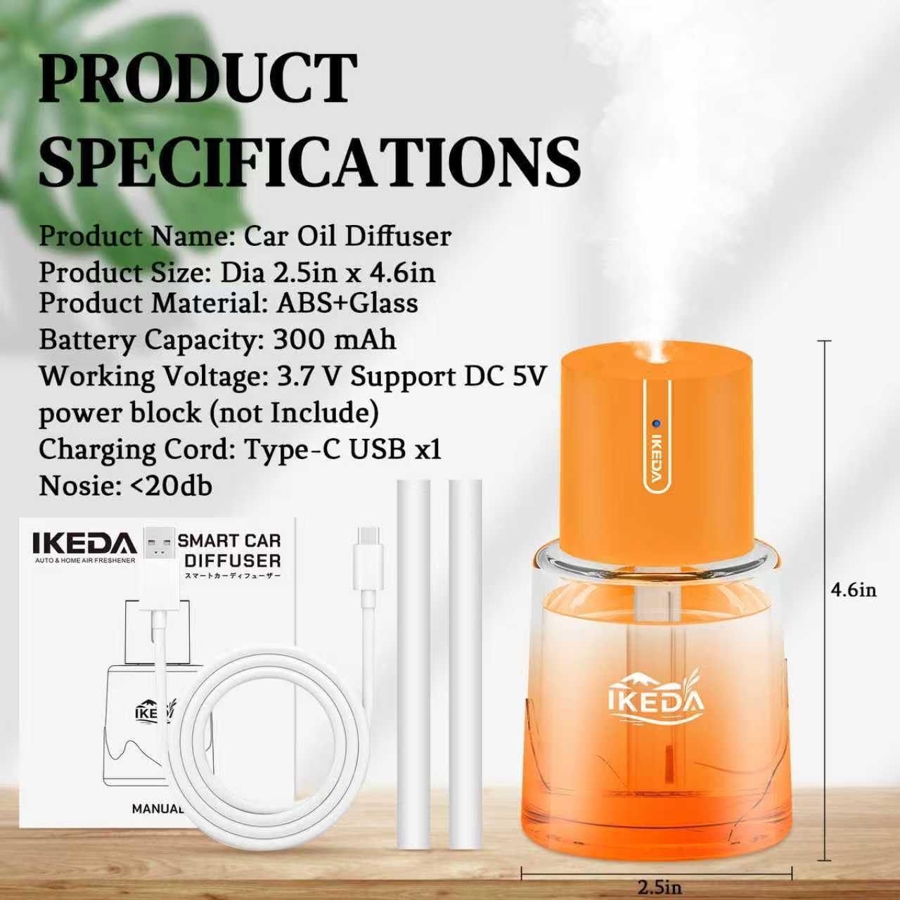 Ikeda Car Diffusers for Essential Oils,100ml Glass Car Essential Oil Diffuser, Smart Car Air Freshener with 3 Adjustable Modes, Auto On/Off & 300mAH Battery Operated Car Aroma Diffuser, Orange