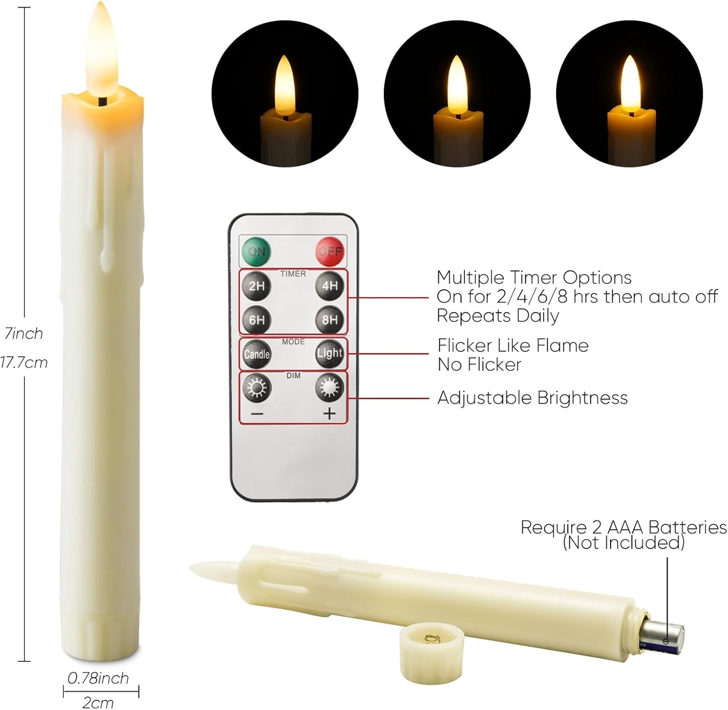 Homemory 7 Inches Flameless Taper Candles with Remote Timer, Short Led Candlesticks with 3D Flickering Light, Battery Operated Candles with Lifelike Flame for Wedding Home Xmas Decor, Ivory, 6 Pcs