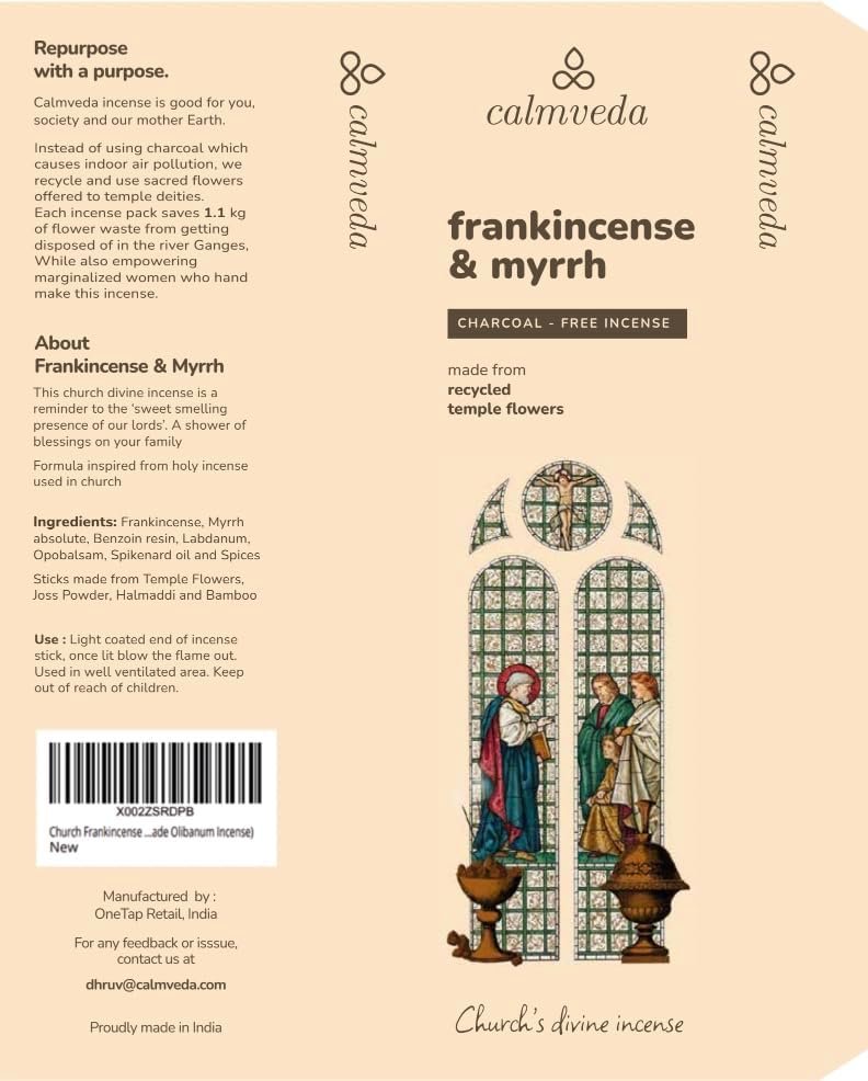 Calmveda Church Frankincense and Myrrh Incense - 80 Sticks, Charcoal Free, Handmade from Upcycled Flowers, Spiritual Healing Incense