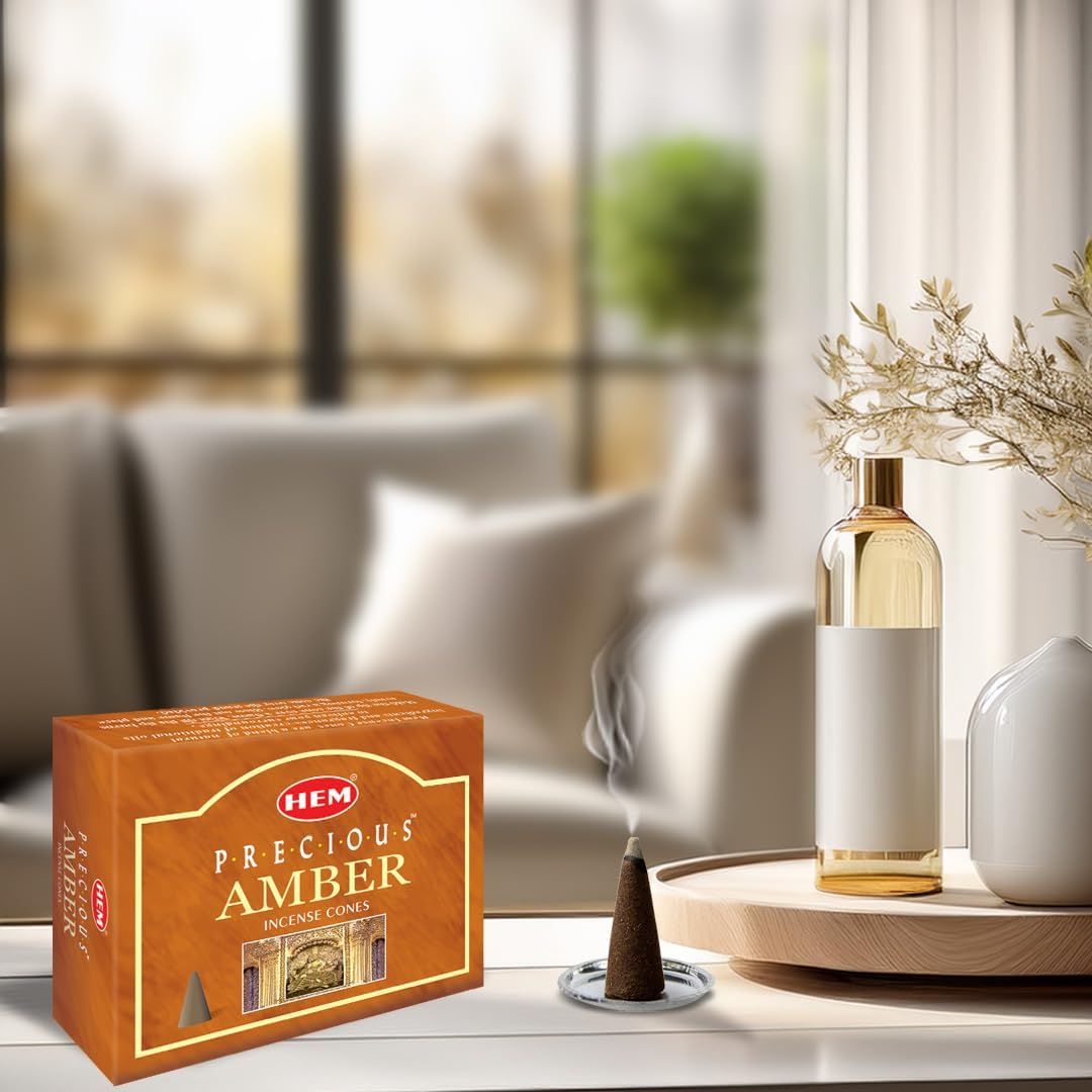 HEM Precious Amber Incense Cones – Pack of 12 Boxes – Soothing, Warm Resinous Aroma for Meditation, Relaxation & Home Fragrance – Made in India