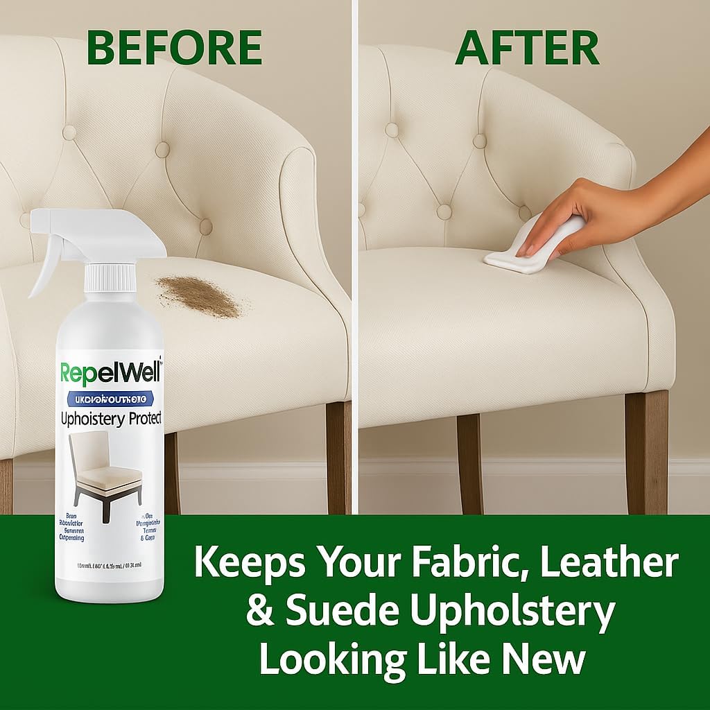 RepelWell Upholstery Protect Stain & Water Repellent Spray (12oz) Eco-Friendly, Pet-Safe Spray Keeps Your Fabric, Leather & Suede Upholstery Looking Like New