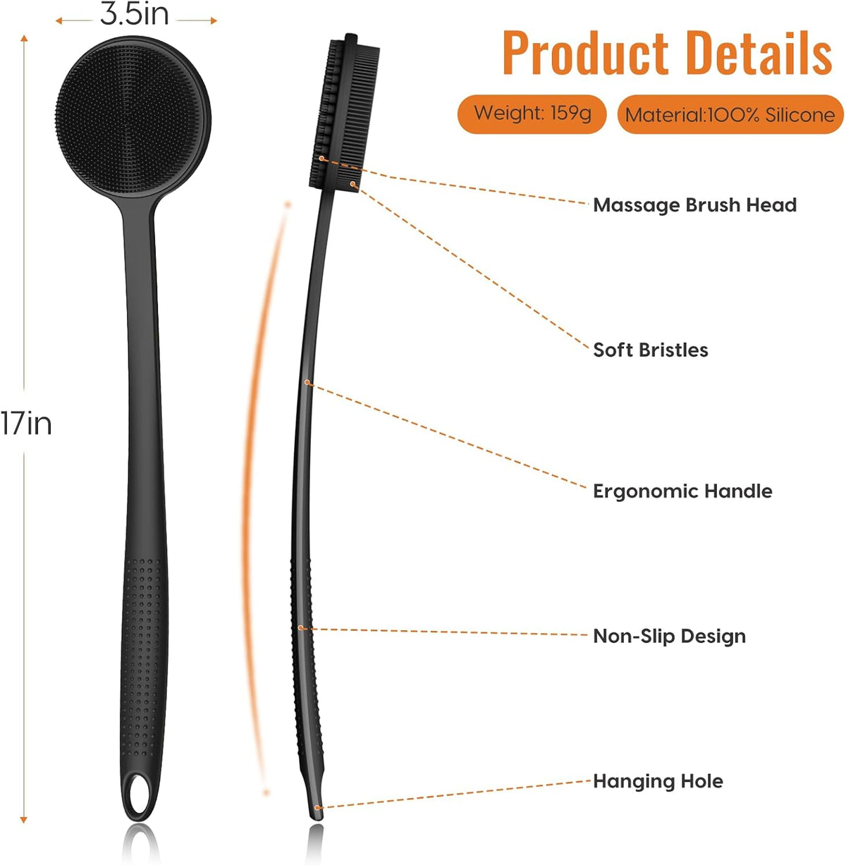 Silicone Back Scrubber for Shower, 17in Lengthen Long Handle Body Brush, Double Sided Shower Brush for Shower Exfoliating and Massage Can Produce Rich Foam, Long Handle Back Scrubber for Men