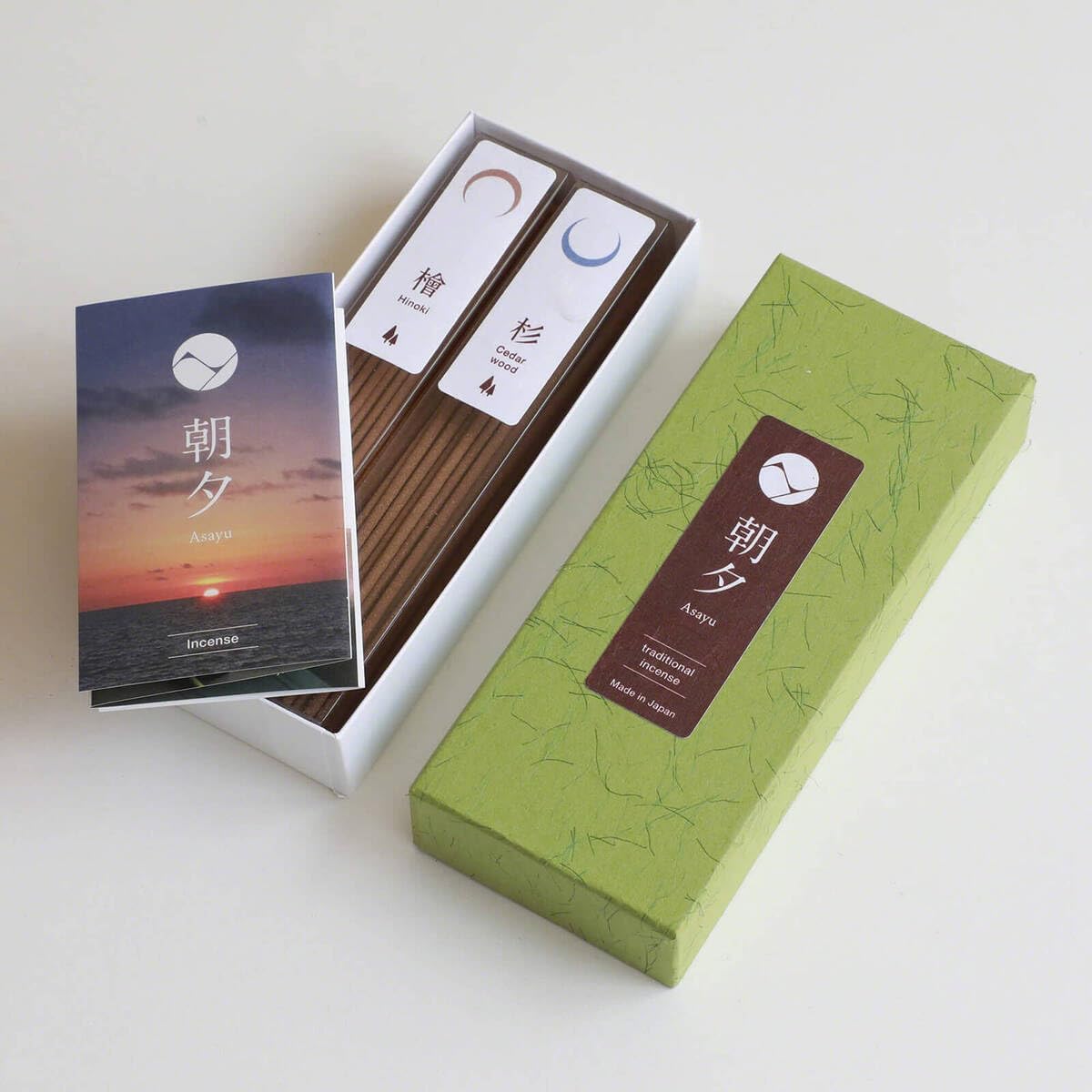 Asayu Japan Traditional Incense Gift Set with Brass Stand, Forest Scent with Green Lotus Incense Holder