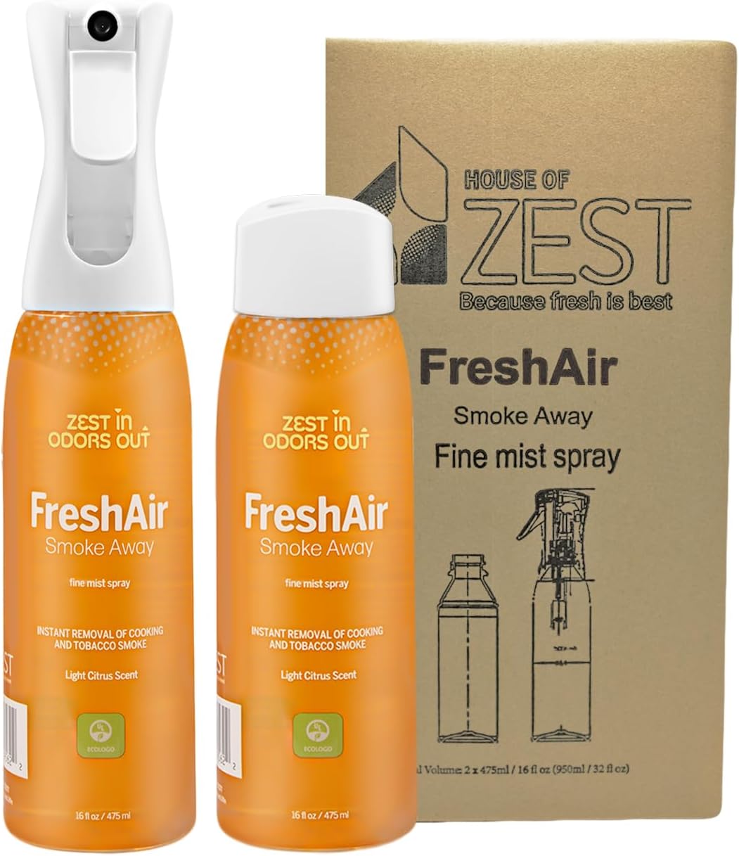 House of Zest FreshAir SmokeAway Smoke Odor Eliminator Spray for Home, Car & Office – Eliminates Tobacco, Cigarette, Cigar, Cannabis & Cooking Odors, Plant-Based, Light Citrus, 16 Fl Oz (Pack of 2)