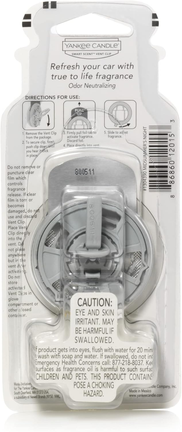 Yankee Candle Smart Scent Vent Clip Car Air Freshener, Odor Neutralizing Car Fragrance, Midsummer's Night (Pack of 1)