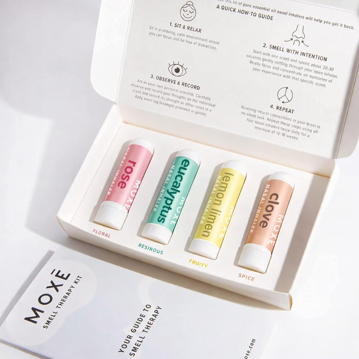 MOXE Scent Training Kit, Made in USA, 4 Essential Oils, Olfactory Regeneration, Helps Restore Sense of Scent, Natural Therapy for Anosmia, Lemon, Rose, Clove, Eucalyptus, Guidebook, Personal Log