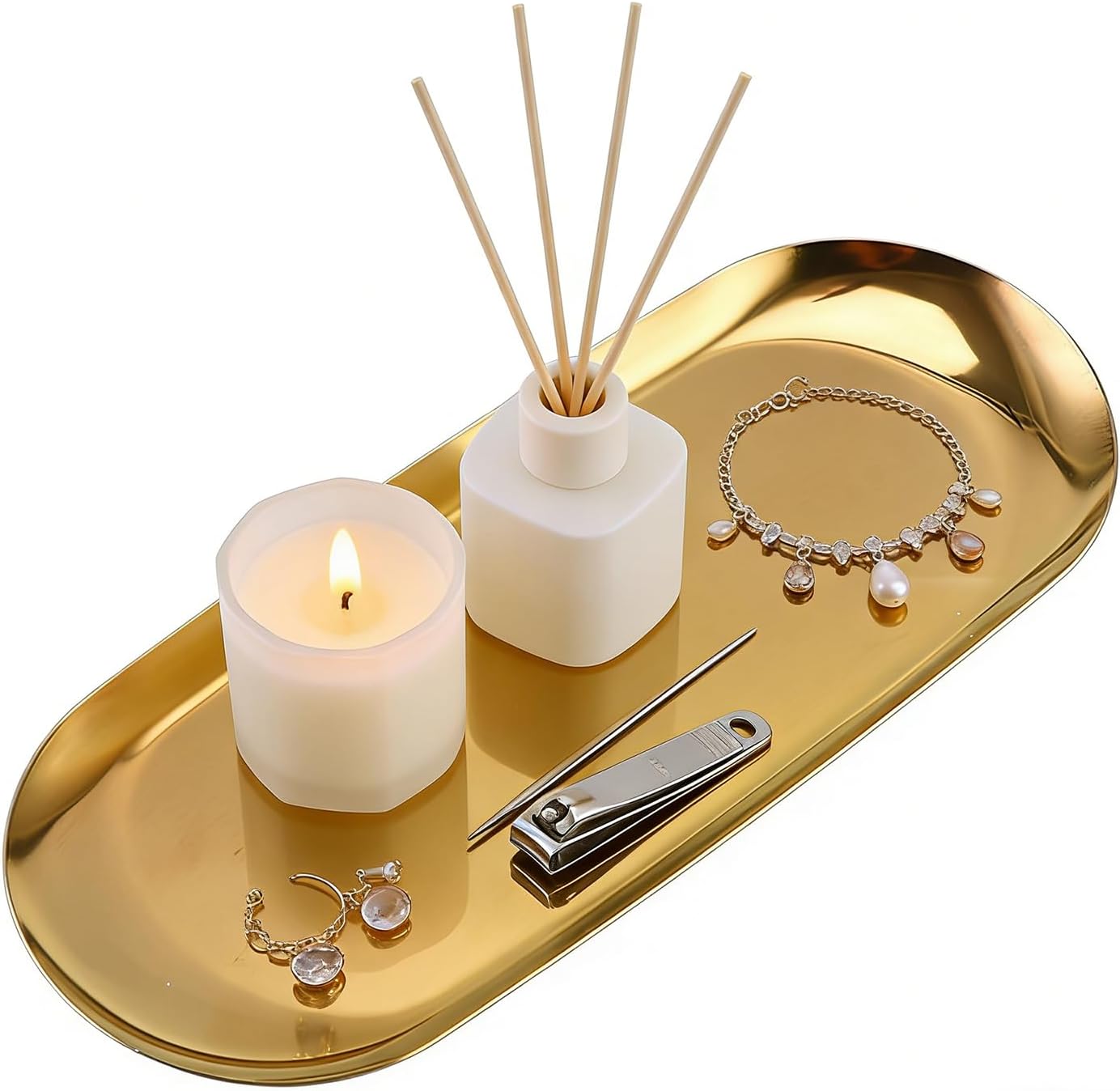 Candle Tray - 9.06×3.74×0.39 in Modern Golden Jewelry Dish, Stainless Decorative Tray for Farmhouse, Kitchen, Bathroom, Home, Coffee Table, Counter