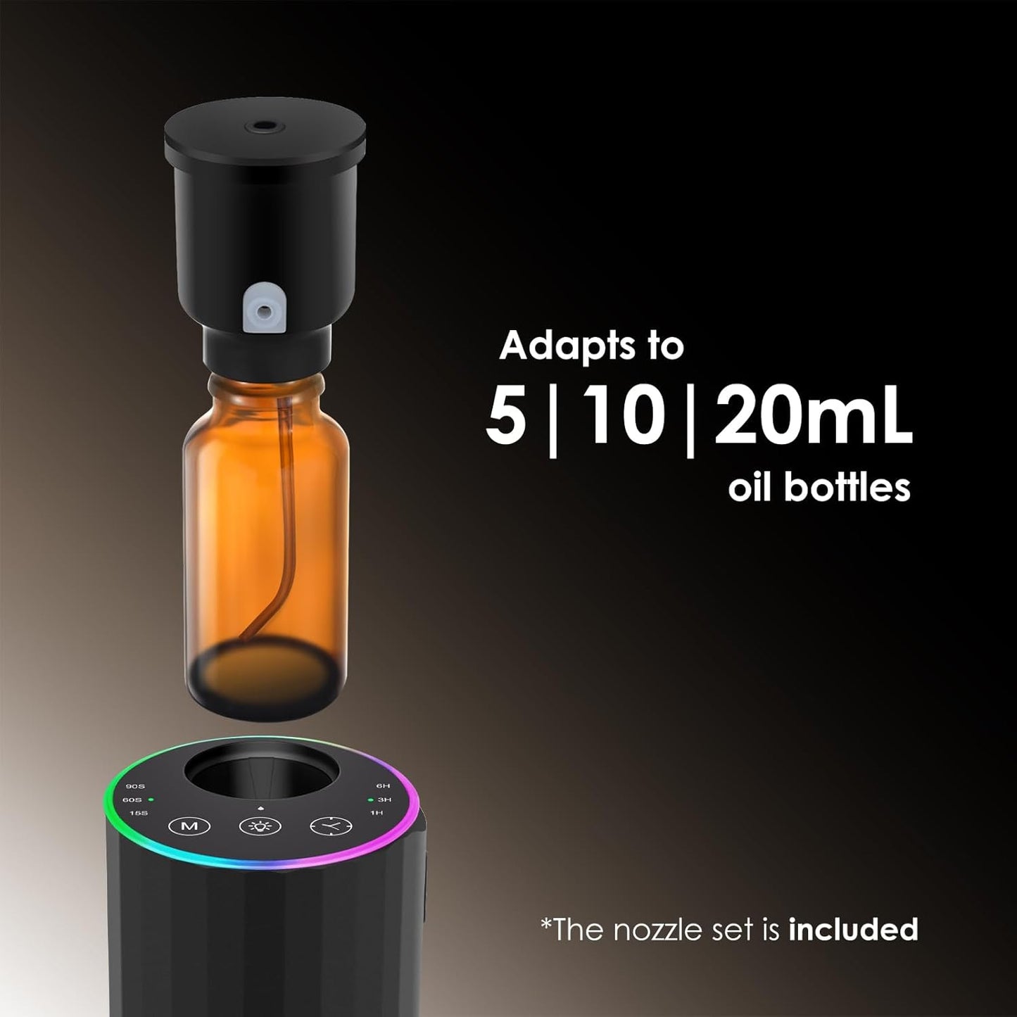 Waterless Essential Oil Diffuser, 7 Colors LED Light, Battery Powered Mini Scent Air Machine, Aromatherapy Mist Diffuser for Home Room Car Office,Black Aluminum Alloy (Black-LED)