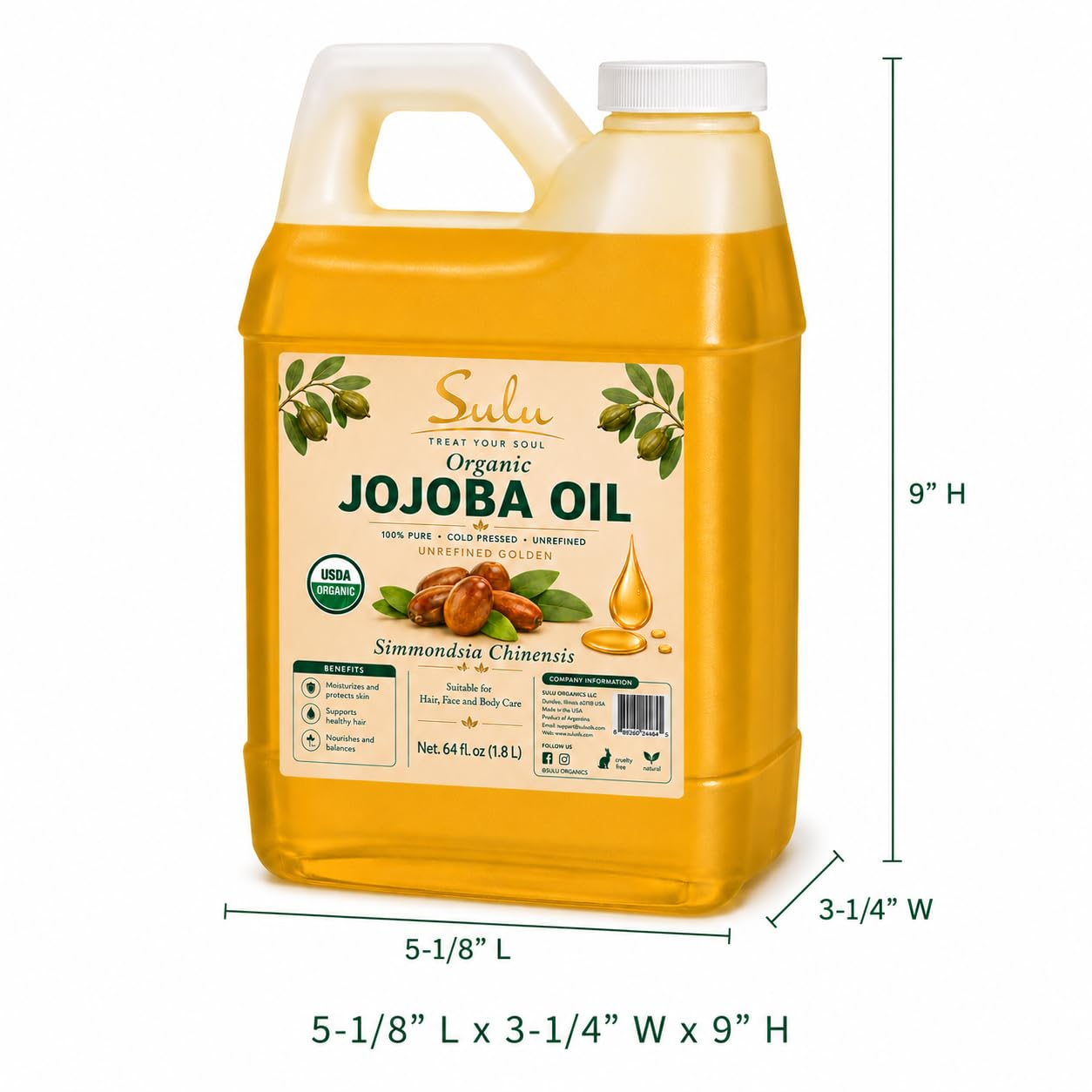 SULU ORGANICS Certified Organic Cold Pressed Unrefined Raw Uncut Golden Jojoba Oil- 64 fl.oz/ 4 lbs