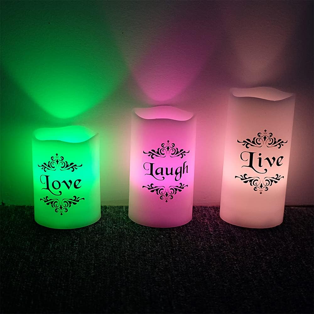 Color Changing LED Flameless Candles with 18-Key Remote and Timer, Live Love Laugh Decals Battery Operated LED Flickering Pillar Candles Dinner Wedding Decor 3 x 4, 5, 6