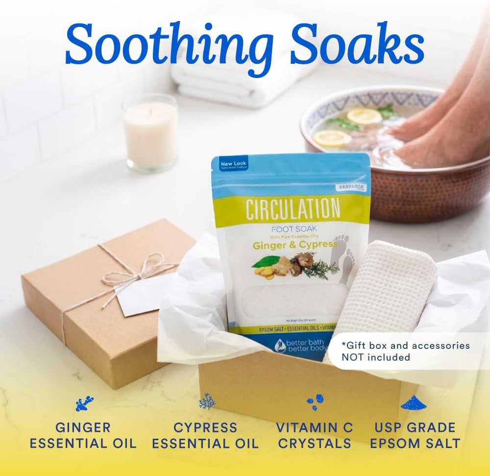Circulation Foot Soak 32 Ounces (2 Lbs) Epsom Salt with Pure Essential Oils Ginger and Cypress Essential Oils Plus Vitamin C in BPA Free Pouch with Easy Press Lock Seal