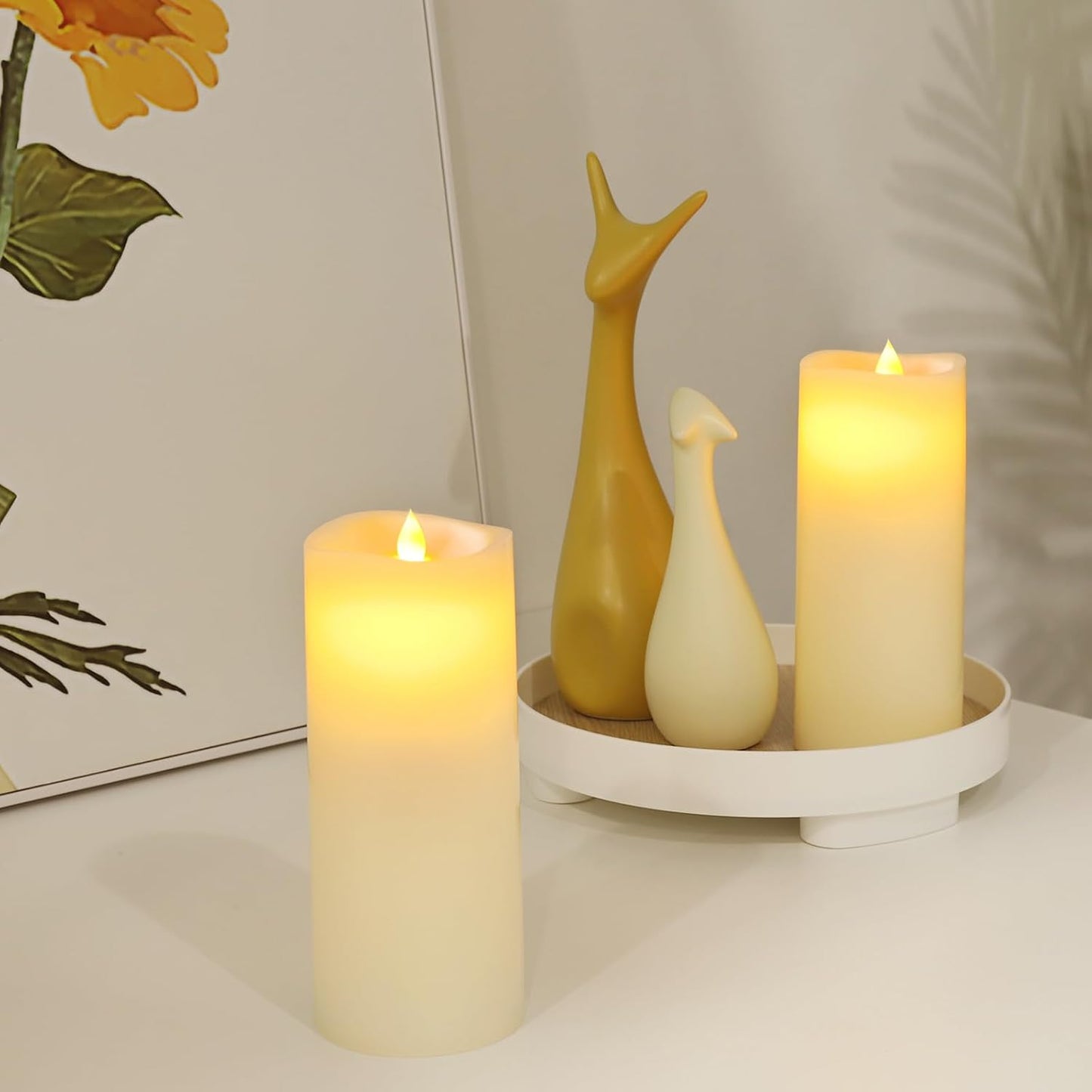 Enpornk 7” x 3” Flameless Candles, Flickering Moving Flame LED Candles, Battery Operated Candles with Remote and Timers, Ivory White, Set of 2