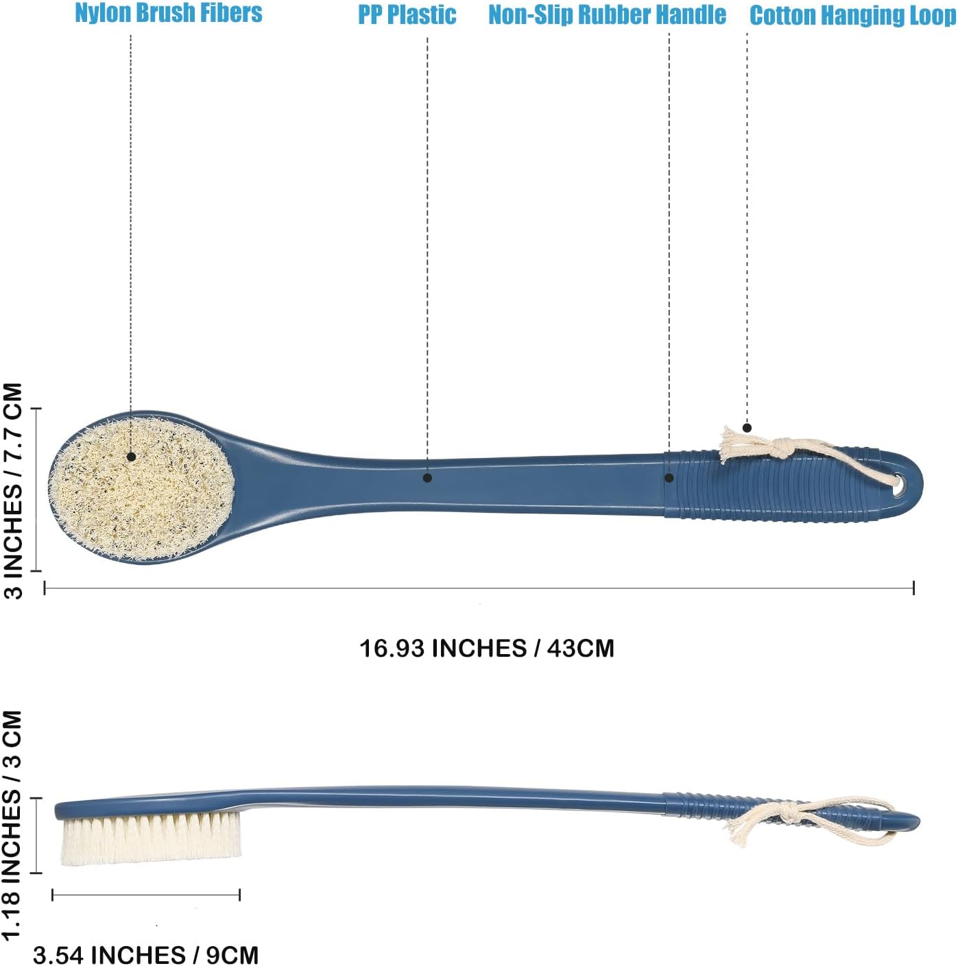 17-Inch Back Scrubber for Shower, Anti-Slip Exfoliating Body Brush for Bath, Gentle Back Brush for Shower for Men, and Women, Cleaning Skin for Smooth, Glowing Skin (Blue)