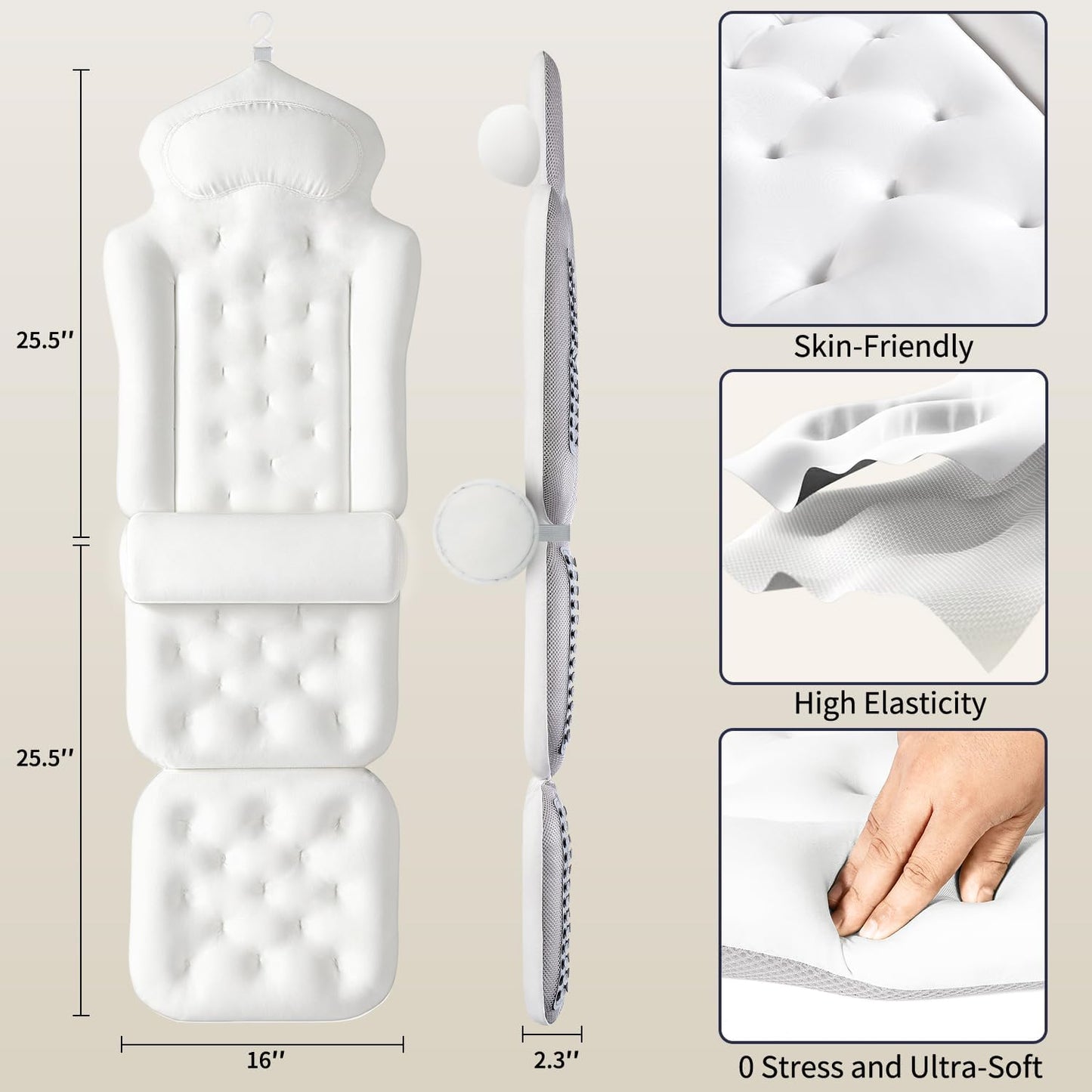 Full Body Bath Pillow for Tub, Thick Bathtub Cushion Mat with Neck, Back & Lumbar Support - Luxury Spa Bathroom Accessories, White