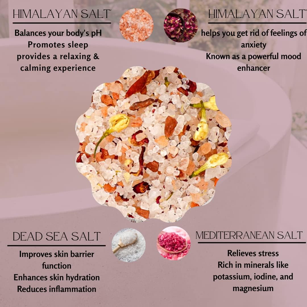 OMM Collection Natural Floral Soaking Bath Salt - Detox Body & Foot Soak - Bath Salt with Rose & Jasmine Petals - Pink Himalayan & Dead Sea Salt Flakes - Relaxing Bath Soak (Jasmin Rose)