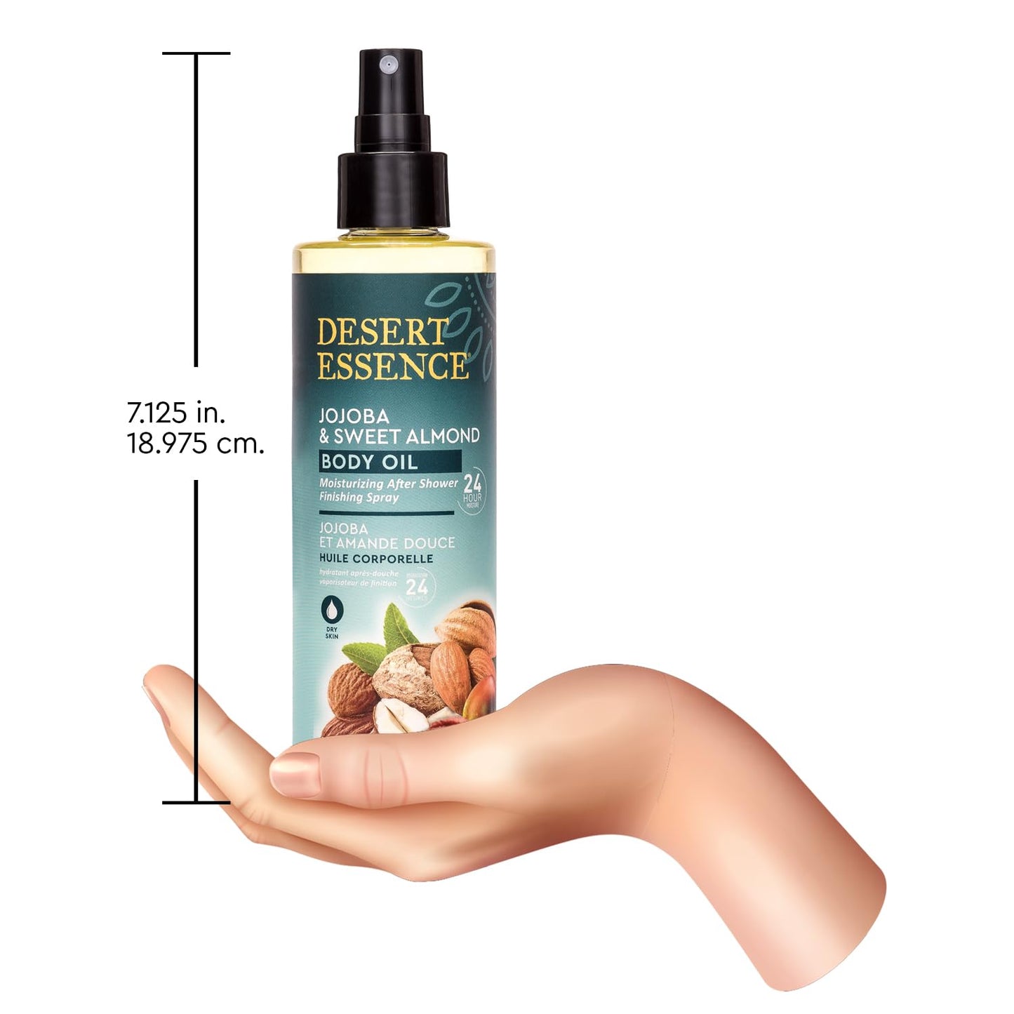 Desert Essence, Jojoba & Sweet Almond Body Oil Spray, 8.28 fl. oz. - Gluten-Free, Vegan, Cruelty Free - 24hour Moisture, Soothes Skin, Perfect for Sensitive Skin, Illuminating Body Spray