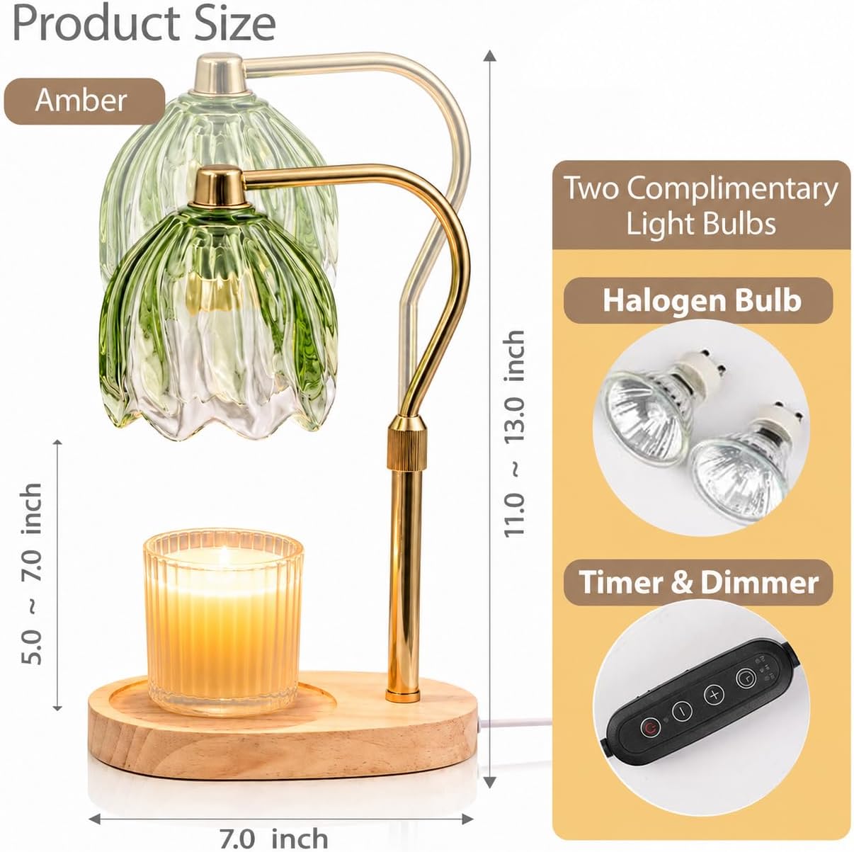 Candle Warmer Lamp with Timer Dimmable Green Candle Lamp Warmer with 2 Bulbs Adjustable Height Birthday Gifts for Women Mothers's Day Gifts House Warming for New Home Decor