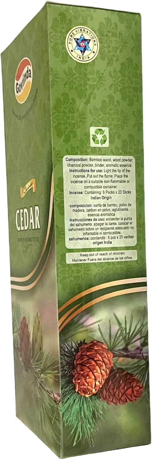 Govinda Premium Incense - 120 Masala Coated Incense Sticks, Cedar Scent