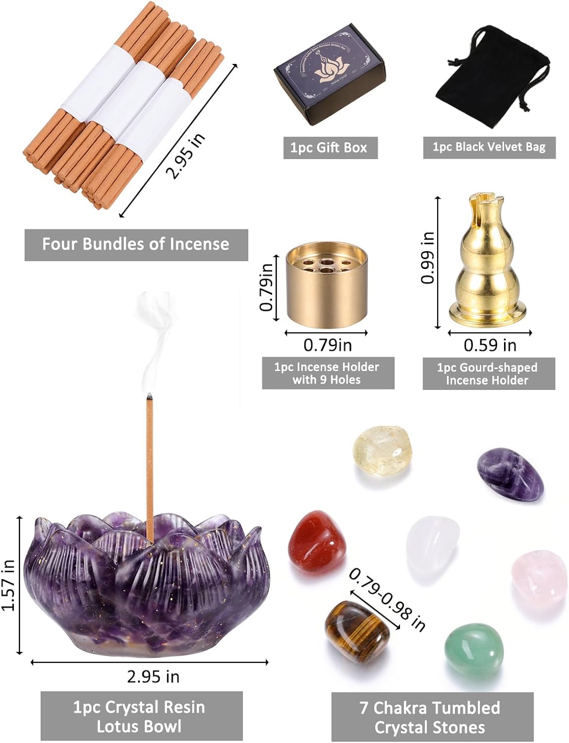 Jovivi Incense Holders Set,Amethyst Crystal Lotus Resin Burner, 2 Incense Holders, 7 Chakra Tumbled Stones, Mini Incense Sticks & Gift Box – Spiritual Meditation Home Decor
