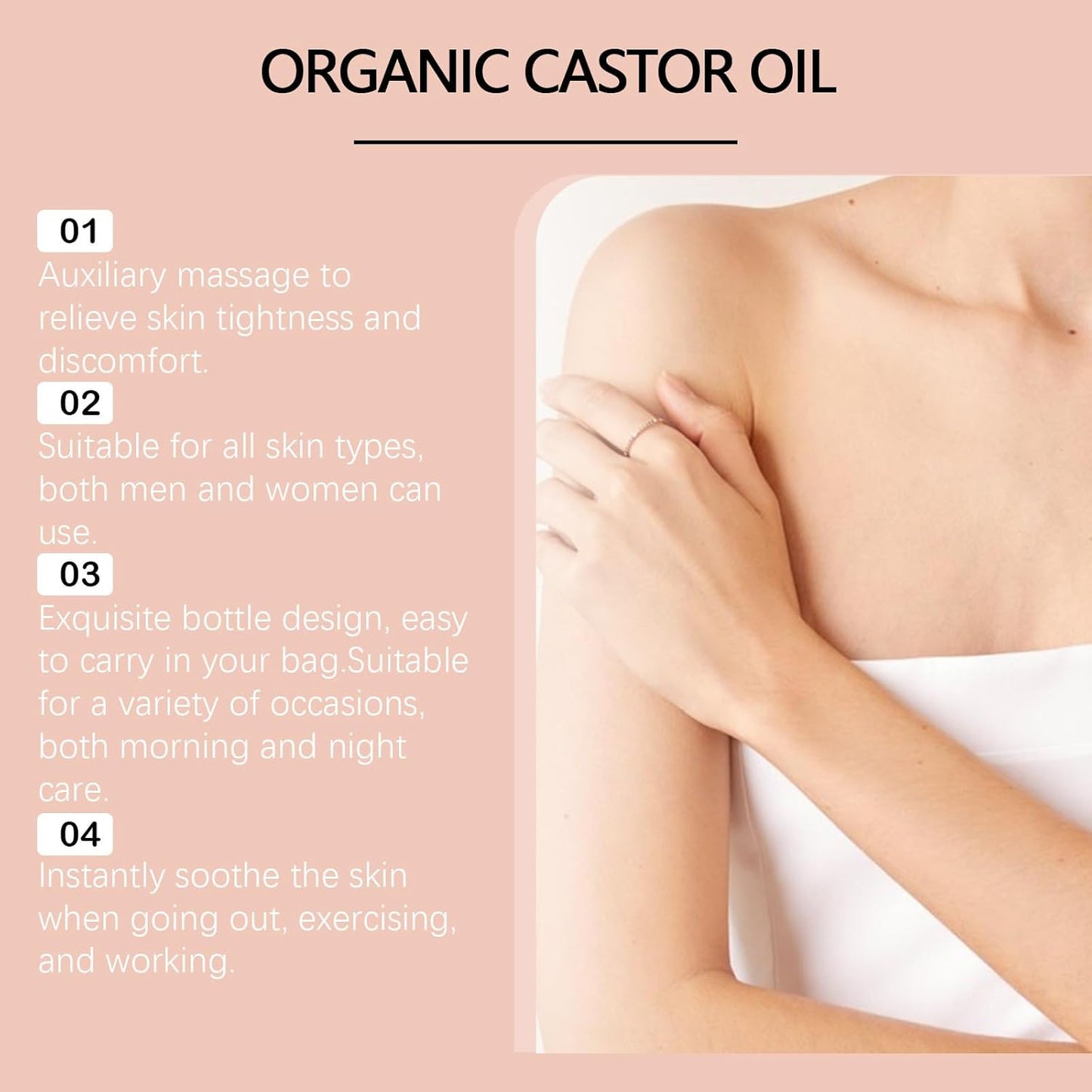Organic Golden Castor Oil Roll-On with Rose Quartz | Cold-Pressed, Hexane-Free | Less Mess Applicator for Castor Oil Packs, Skin, Brows & Lashes