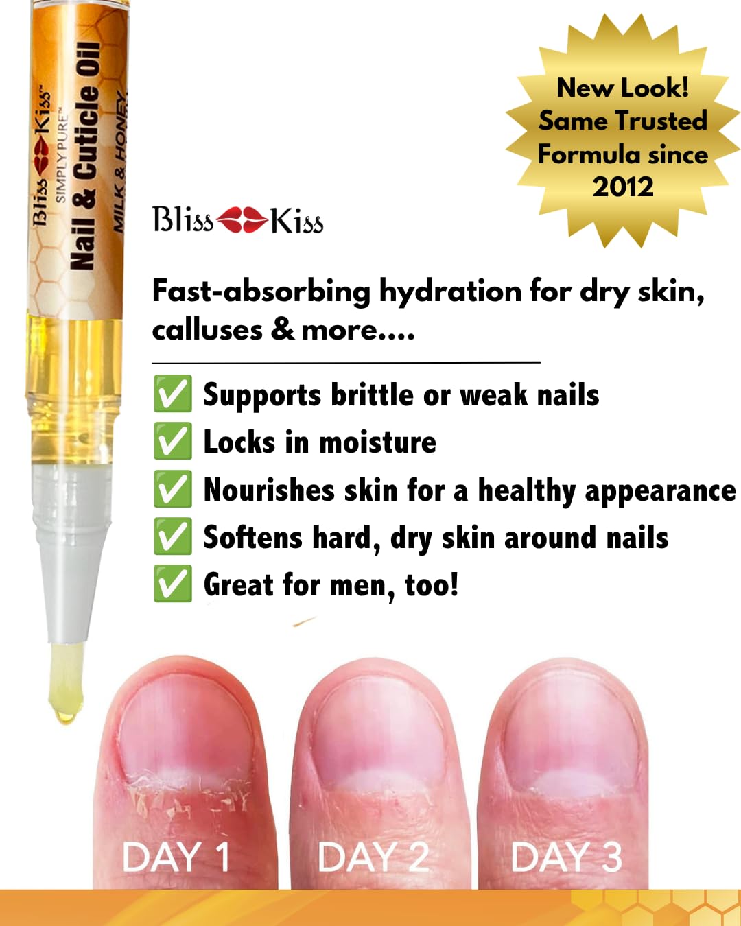 Bliss Kiss | 1 Milk & Honey | Nail Oil Cuticle Pen w/Vitamin E & Jojoba⏤Nail Strengthener Nail Growth Serum for Brittle Peeling Breaking Thin Nails