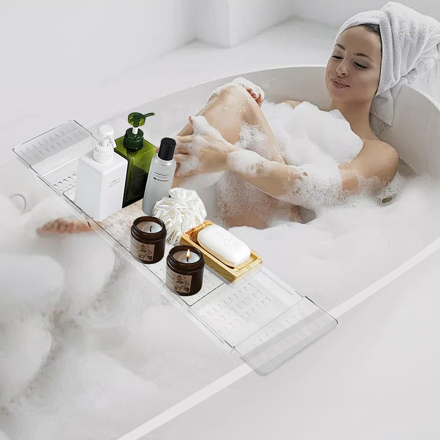 Expandable Clear Bathtub Tray, 24–32 in Slide-Out Flat Bath Shelf, Plastic Waterproof Spa Caddy for Tub & Shower, No-Slip Side Grips, Book Phone Wine Rest, Lightweight Easy-Wipe Storage Board