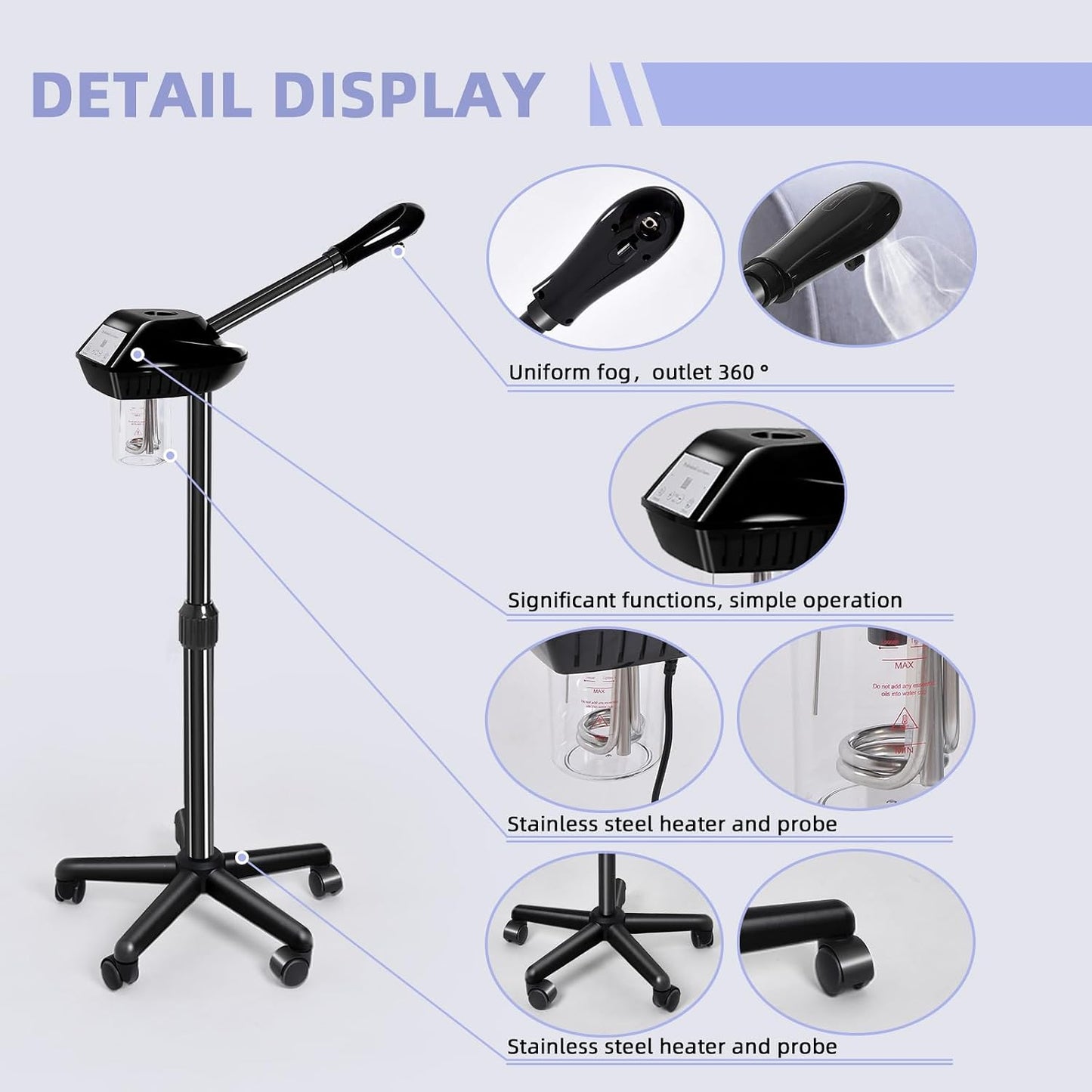 Retain time Facial Steamer, Face Steamer on on Wheels with More Steam, Adjustable Height for Face Steamer Suitable for Personal Home and Professional Personal Care Places,Moisturizing and Hydrating.