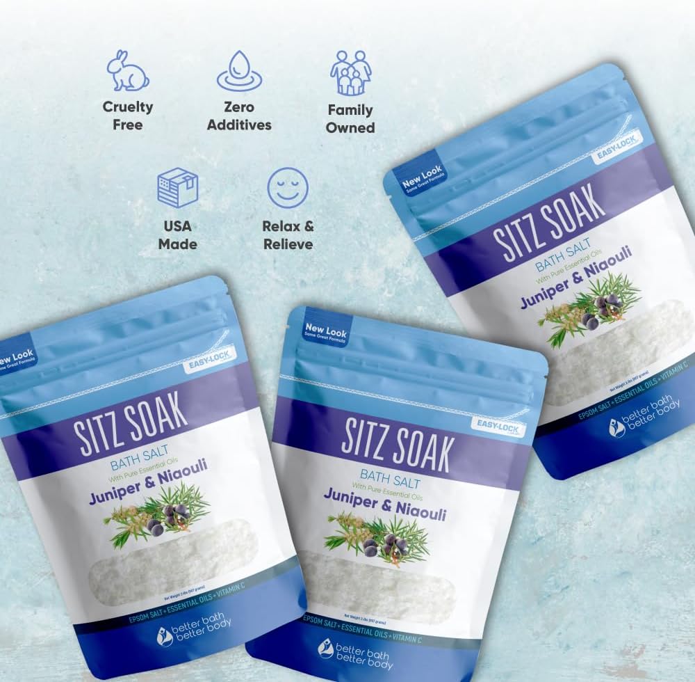 Sitz Bath Salt (3 Pack Soaks Bundle) Hemorrhoid Soothing Sitz Soak USP Grade Epsom Salt 3 Pouches 6 Lbs Total with Pure Essential Oils in BPA Free Pouch with Easy Press Seal Made in USA