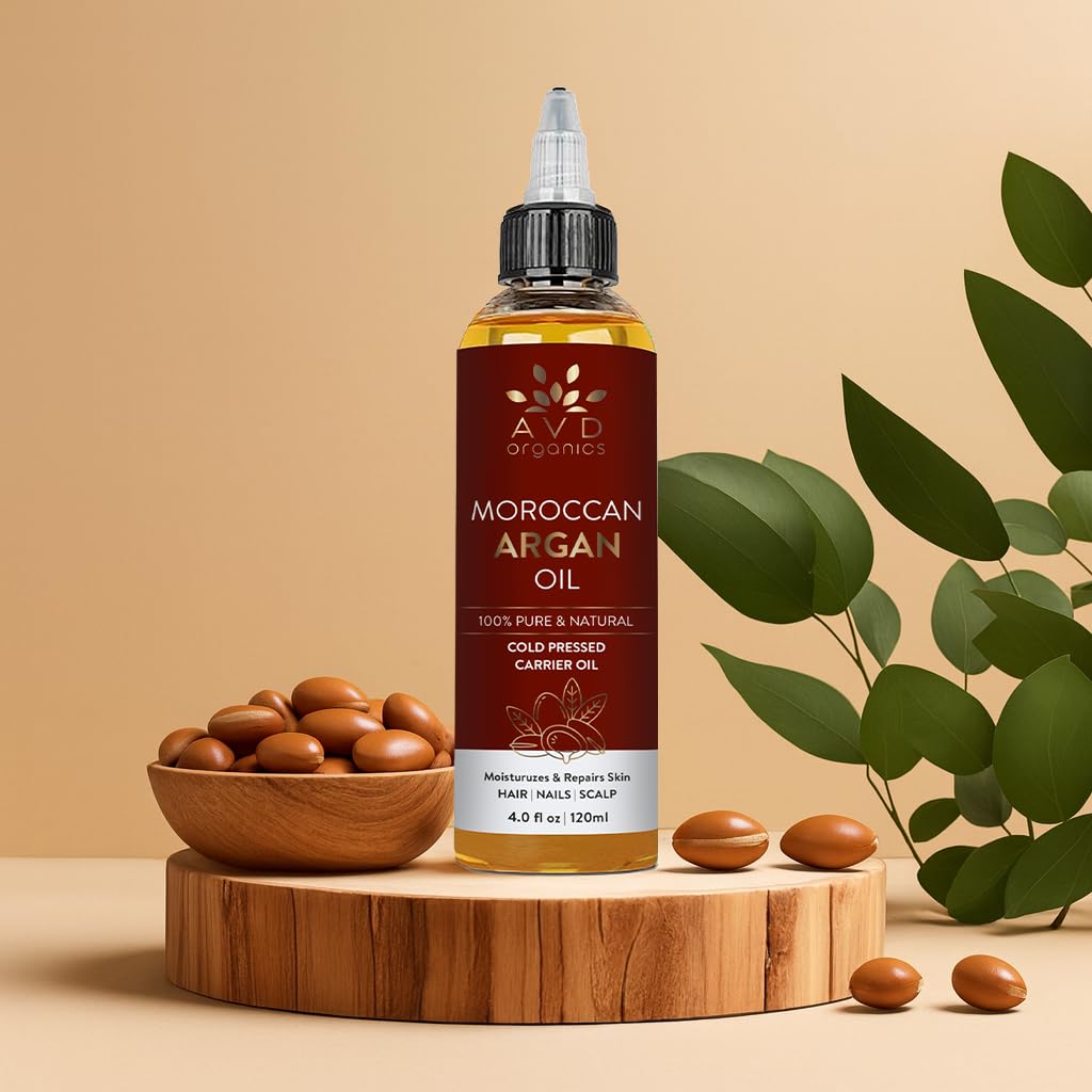 AVD Organics Argan Oil for Hair 120ml – 100% Pure & Natural Moroccan Argan Oil for Adult Hydration, Nourishing, Strengthening, Curly, Frizzy, Dry, Damaged Hair,Face, Skin, Scalp & Nails – (4.05 fl oz)