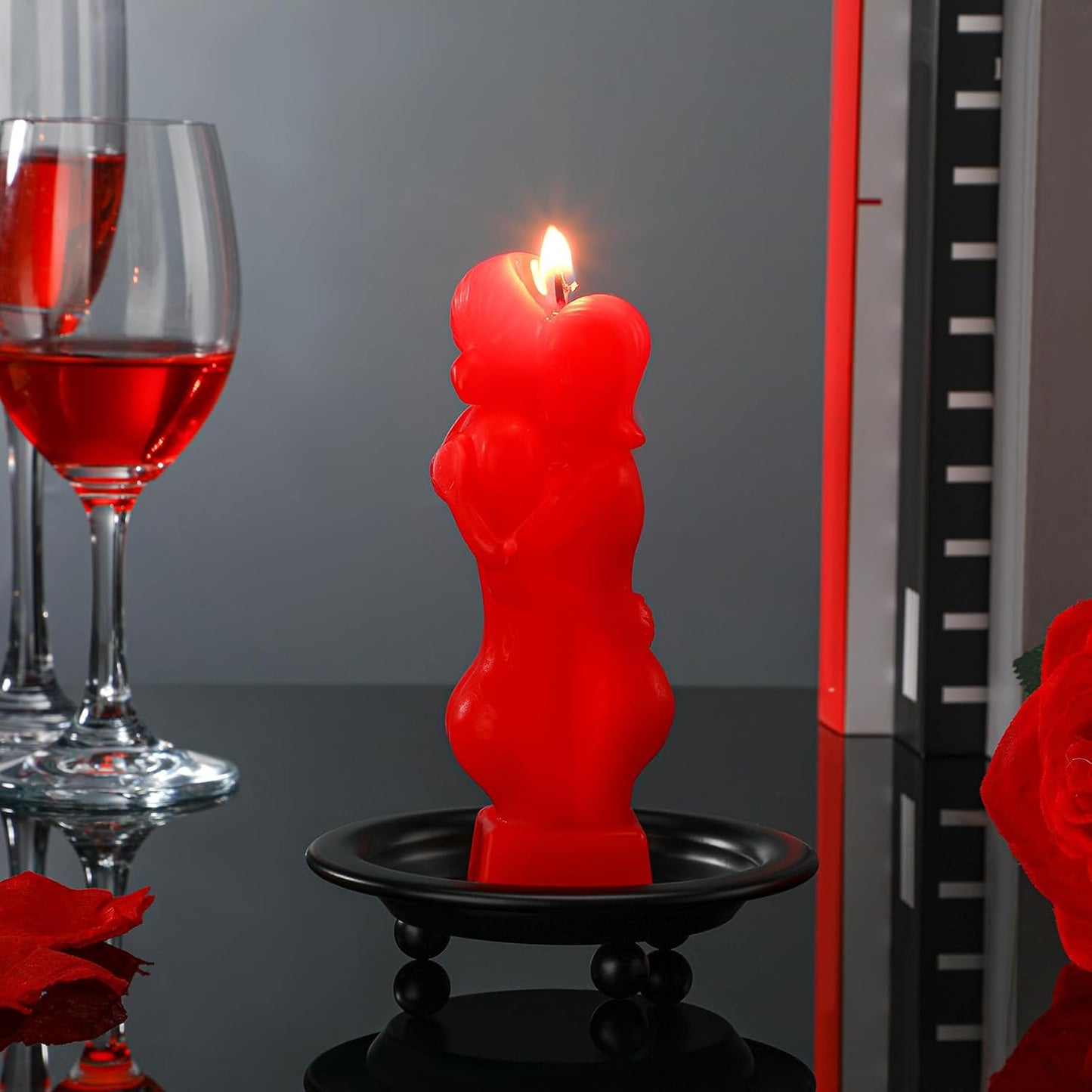Jingmore 1 Set Love Ritual Spell Candle Red Lovers Candle Holder Couple Hugging Wax Figure with Black Iron Plate for Home Wedding Dinner Parties Fall in Love with Me Decor(Half Body)