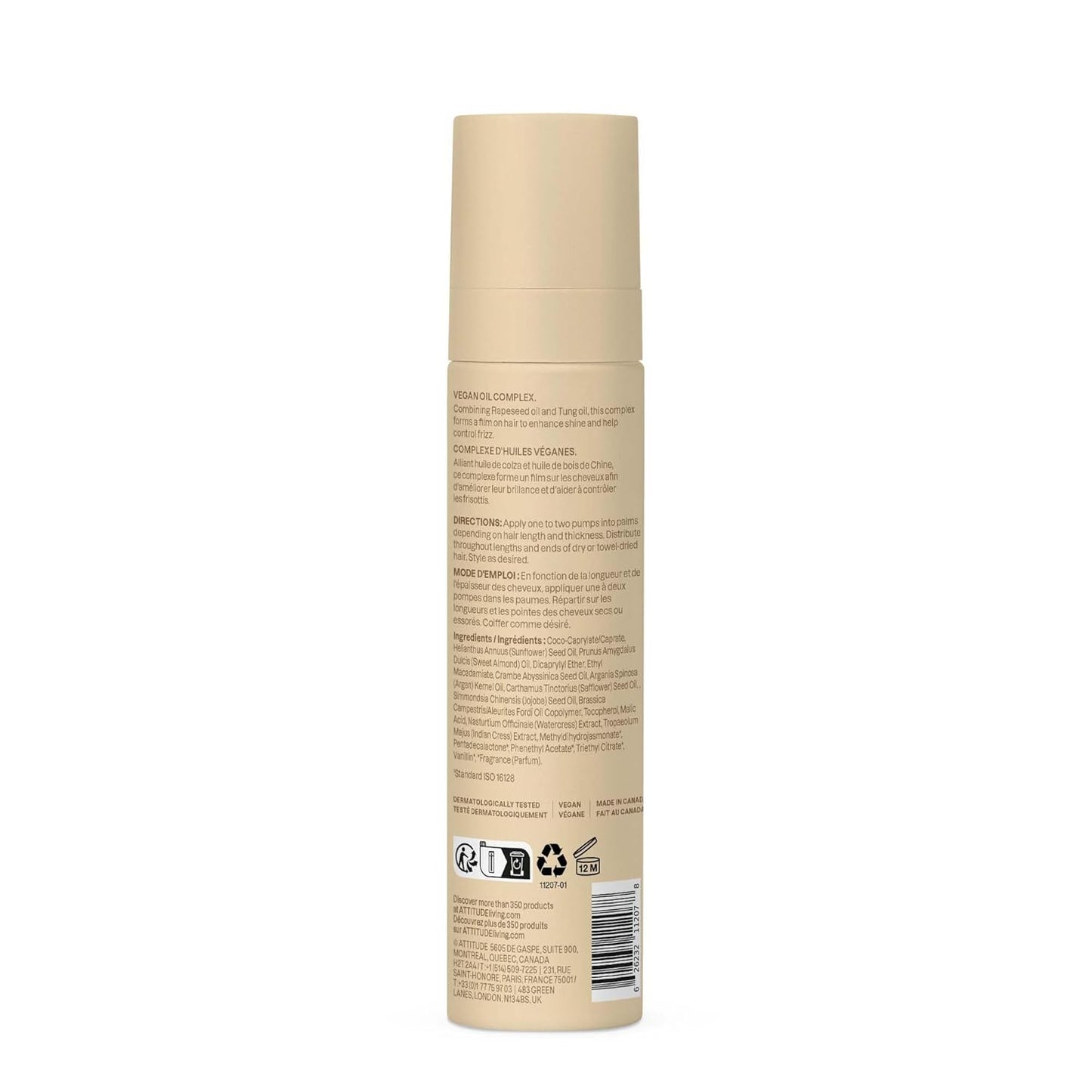 ATTITUDE Nourishing Hair Oil, Frizz Control, Shine Boosting, Vegan Oil Complex for Soft, Smooth Hair, Plant-Based, EWG Verified, Vanilla & White Flower Scent, 3 Oz