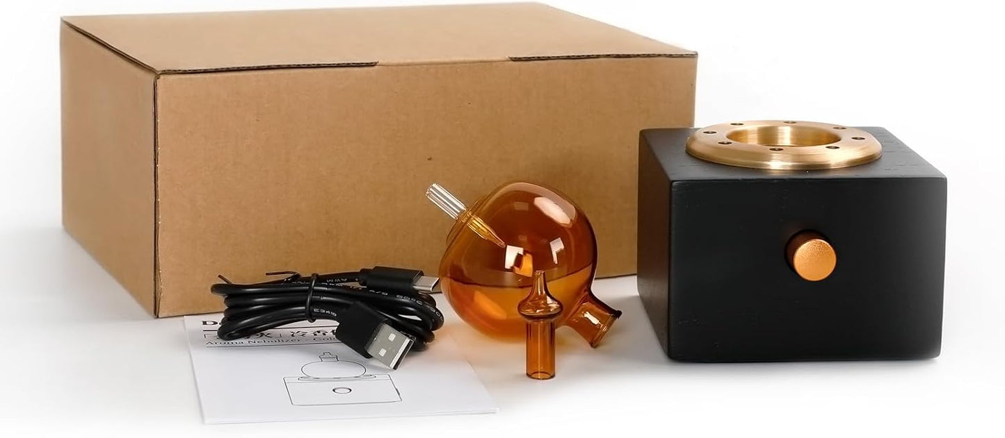 Cordless Aroma Oil Nebulizer - Waterless Diffuser for Essential Oil with Glass & Wood, Rechargeable Portable Nebulizing Machine, Battery Operated up to 40h - Gold & Fire Original Design