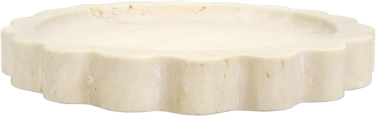 5.5 Inch Small Scallop Edge Tray, Hand-Carved Natural Stone Jewelry Holder, Travertine & Marble Vanity Tray for Rings, Candles, or Keys (Travertine)