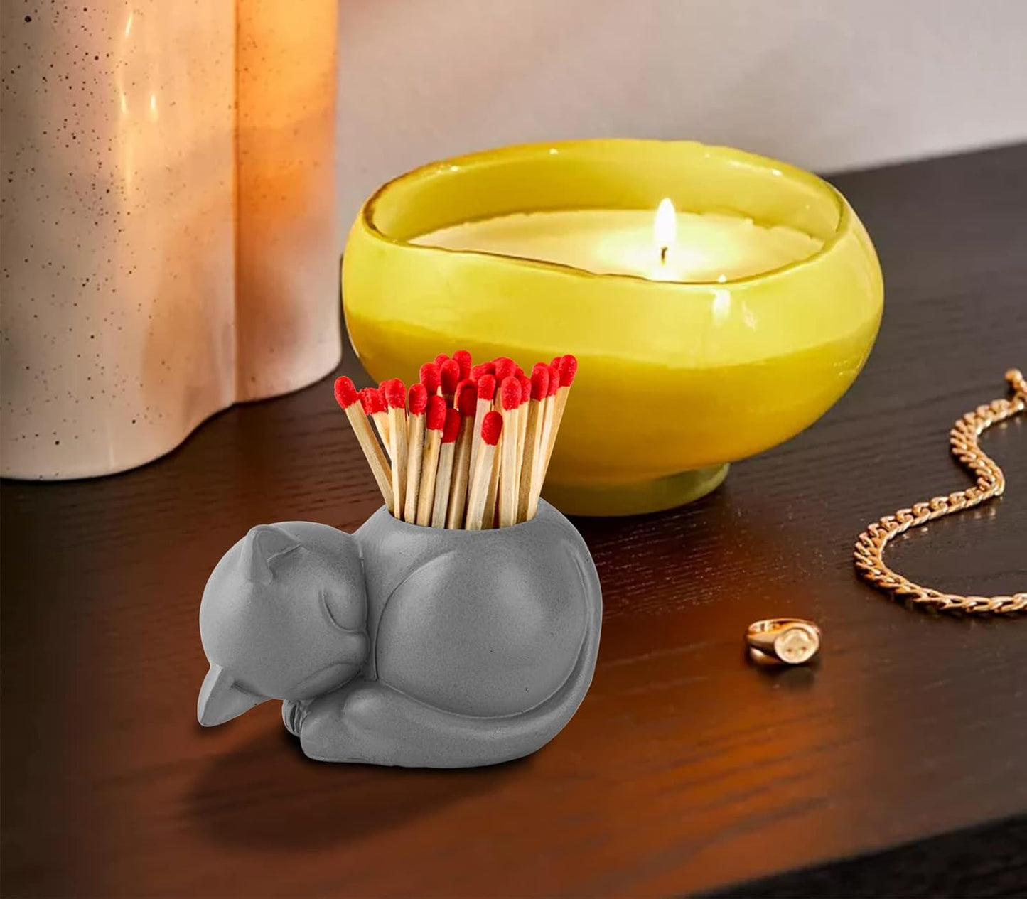 Dgudgu Cat Match Holder With Striker - Gifts for Cat Lovers, Candle Jar, Cute Bathroom Matches Holder Decorative (Not Matches)