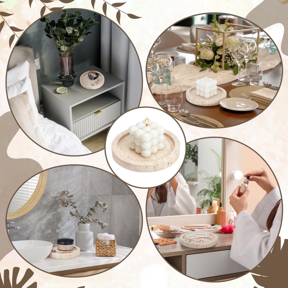 Natural Travertine Candlestick Holder 6'' Diameter Round Stone Jewelry Display Plate 1'' Thick Candle Tray with 8 Adhesive Silicone Bumper Minimalist Modern Plate Holder Home Decor